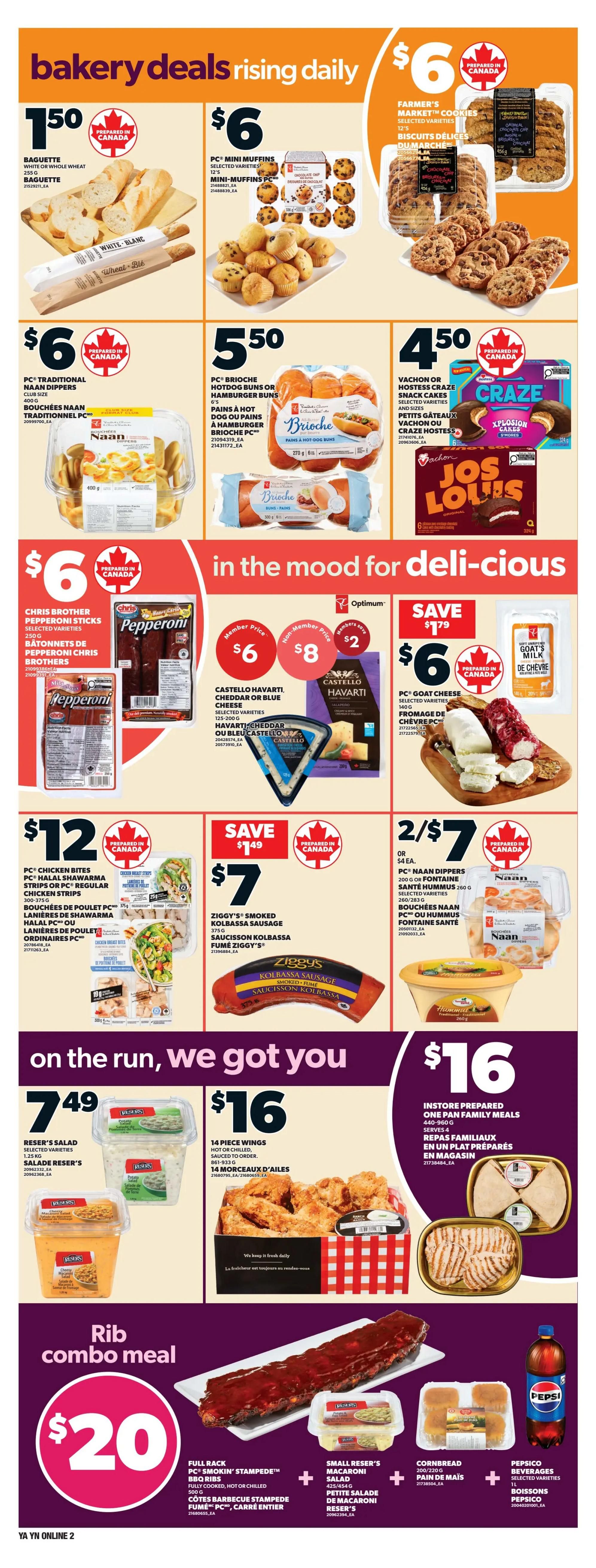 Independent Atlantic flyer page 5 features bakery deals including a baguette for $1.50, PC Mini Muffins for $6, and Farmer's Market Cookies for $6. Also available are PC Brioche Hot Dog or Hamburger Buns for $5.50, and Vachon or Hostess Craze Snack Cakes for $4.50. In the mood for deli-cious items, find Castello Havarti Cheddar or Blue Cheese for a member price of $6 (non-member $8, save $2), and PC Goat Cheese for $6. On the run deals include PC Chicken Bites, Halal Shawarma Strips or PC Regular Chicken Strips for $12, Ziggy's Smoked Kolbassa Sausage for $7, and 2 for $7 on PC Naan Dippers or Fontaine Santé Hummus. Also featured are Reser's Salad for $7.49, 14 piece wings for $16, and Instore Prepared One Pan Family Meals for $16. The Rib Combo Meal is $20 and includes a full rack of PC Smokin' Stampede BBQ Ribs, small Reser's Macaroni Salad, cornbread, and a Pepsi bottle of Pepsico Beverages.