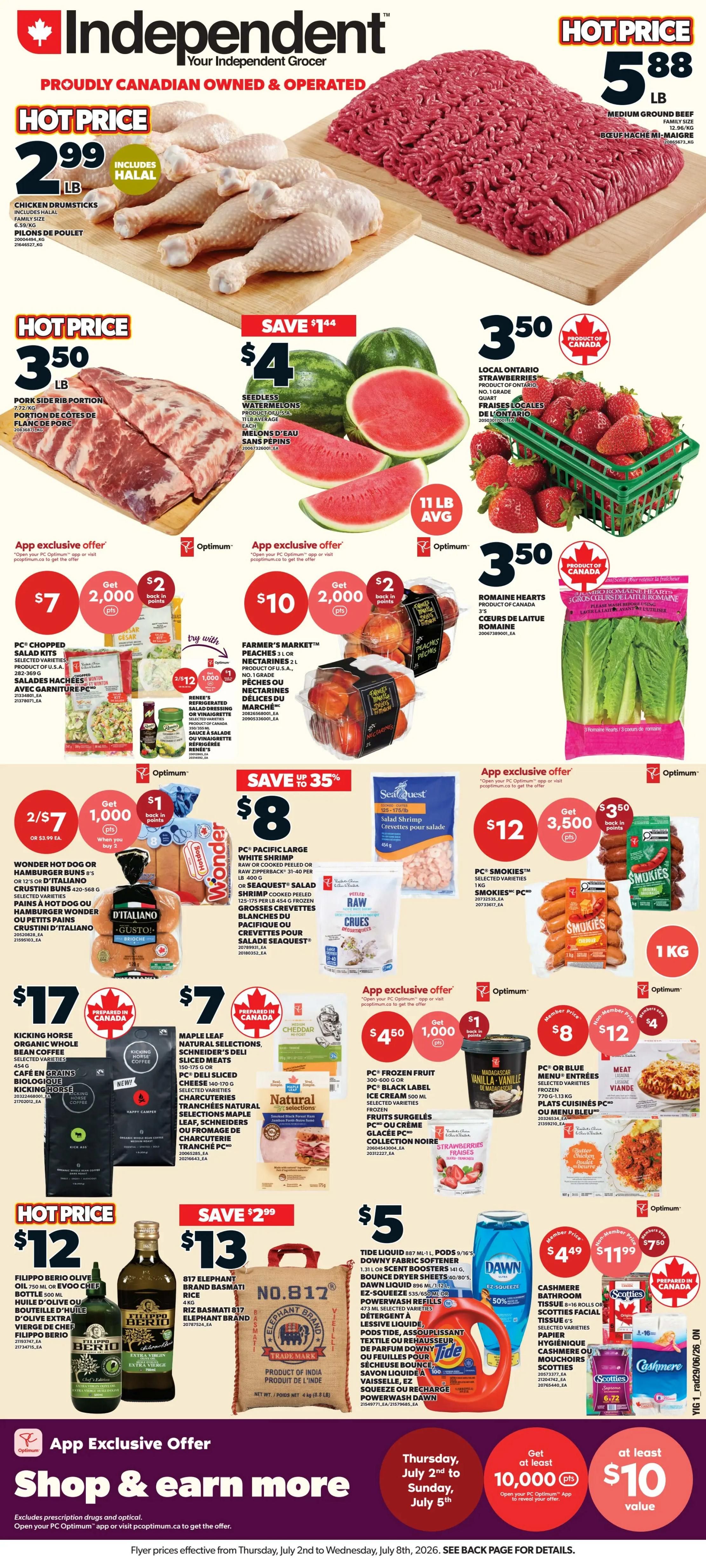 Independent flyer page 1 features a special offer: Score two (2) FREE chicken tenders the day after Canada's national men's soccer team wins a game. This offer is redeemable for PC Optimum members and requires opening the PC Optimum app or visiting pcoptimum.ca to load the offer. The offer is valid between June 11 - July 19, 2026. The offer is redeemable at participating Loblaws, City Markets, Zehrs, Your Independent Grocer, Valu-Mart, and Provigo locations. The image also displays logos for Loblaws, City Market, Zehrs, Independent, and Valu-Mart. Two chicken tenders are shown on a red and white checkered paper.
