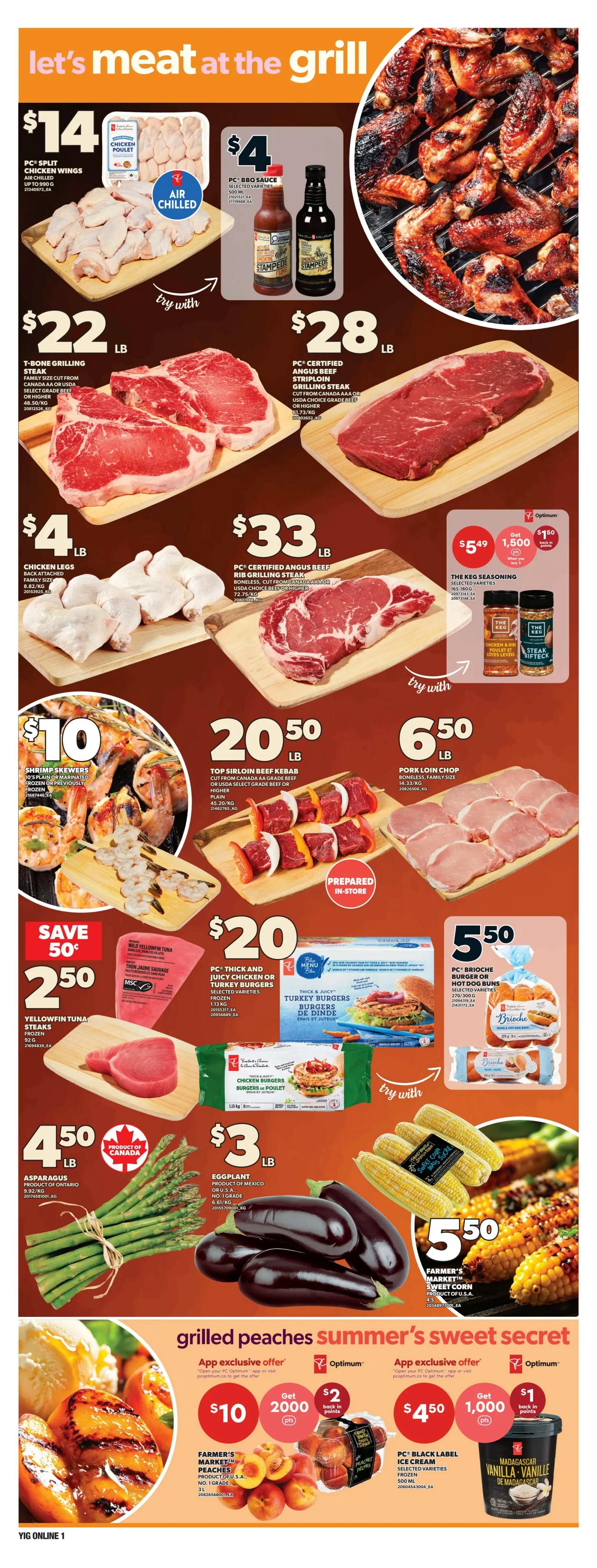 Independent flyer page 6 features 'Let's Meat at the Grill' specials. Highlights include PC Split Chicken Wings at $14, PC BBQ Sauce for $4, T-Bone Grilling Steak at $22/lb, and PC Certified Angus Beef Striploin Grilling Steak for $28/lb. Also featured are Chicken Legs at $4/lb, PC Certified Angus Beef Rib Grilling Steak for $33/lb, and The Keg Seasoning for $5.49 with 1,500 Optimum points back. Other deals include Shrimp Skewers for $10, Top Sirloin Beef Kebab for $20.50/lb, and Pork Loin Chop for $6.50/lb. Save 50 cents on Yellowfin Tuna Steaks for $2.50. PC Thick and Juicy Chicken or Turkey Burgers are $20. PC Brioche Burger or Hot Dog Buns are $5.50. Asparagus is $4.50/lb and Eggplant is $3/lb. The page also promotes 'Grilled Peaches Summer's Sweet Secret' with Farmer's Market Peaches for $10 (get 2,000 Optimum points) and PC Black Label Ice Cream for $4.50 (get 1,000 Optimum points).