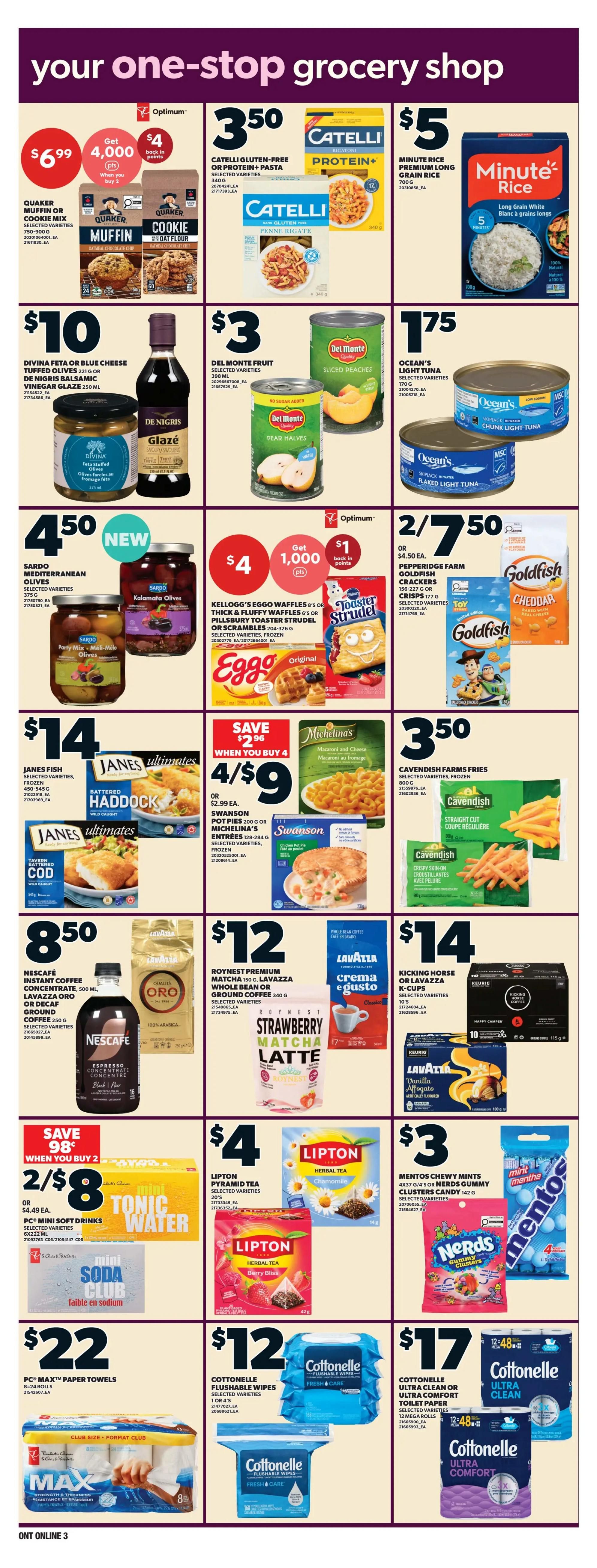 Independent flyer page 8 features a variety of grocery specials. Get $4 back in Optimum points when you buy 2 Quaker Muffin or Cookie Mixes for $6.99. Catelli Gluten-Free or Protein+ Pasta is $3.50. Minute Rice Premium Long Grain White Rice is $5. Del Monte Fruit, selected varieties, is $3. Ocean's Light Tuna, selected varieties, is $1.75. Sardo Mediterranean Olives, including Kalamata Olives, are $4.50. Kellogg's Eggo Waffles or Pillsbury Toaster Strudel are 2 for $9, with a $1 saving when you buy 4. Pepperidge Farm Goldfish Crackers or Crisps are 2 for $7.50. Janes Ultimates Fish items, selected varieties, are $14. Michelina's Macaroni and Cheese Entrees are 4 for $9, saving $2.96. Cavendish Farms Fries, selected varieties, are $3.50. Nescafé Instant Coffee Concentrate, Lavazza Oro or Decaf Ground Coffee are $8.50. Roynestone Premium Matcha or Lavazza Crema e Gusto Ground Coffee is $12. Roynestone Strawberry Matcha Latte is also $12. Kicking Horse or Lavazza K-Cups are $14. PC Mini Soft Drinks and Tonic Water are 2 for $8. Lipton Pyramid Tea, selected varieties, is $4. Lipton Herbal Tea, Berry Bliss, is $4. Mentos Chewy Mints and Nerds Gummy Clusters are $3. PC Max+ Paper Towels, 8x24 rolls, are $22. Cottonelle Flushable Wipes, selected varieties, are 2 for $12. Cottonelle Ultra Clean or Ultra Comfort Toilet Paper, 12 mega rolls, are $17.