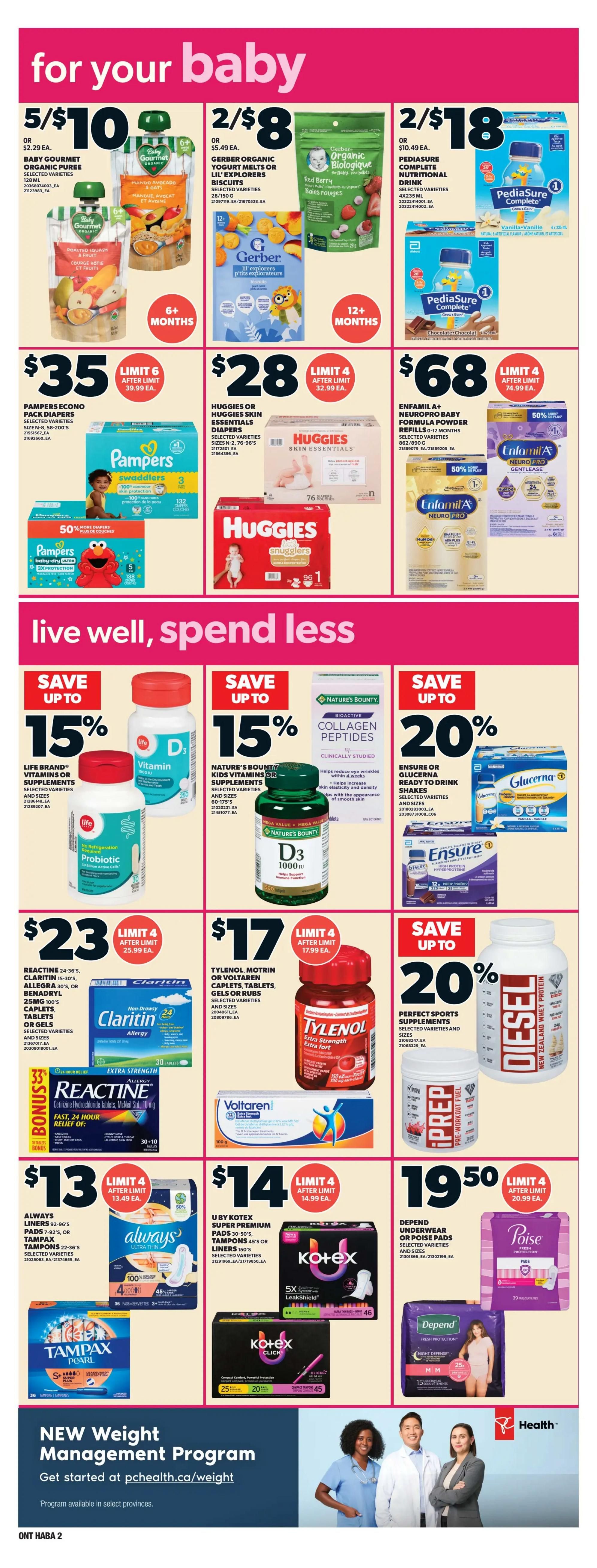 Independent flyer page 11 features 'for your baby' and 'live well, spend less' sections. Baby items include: Baby Gourmet Organic Puree 5/$10, Gerber Organic Yogurt Melts or Lil' Explorers Biscuits 2/$8, and PediaSure Complete Nutritional Drink 2/$18. Diapers on sale: Pampers Economy Pack Diapers $35, Huggies or Huggies Skin Essentials Diapers $28, and Enfamil A+ Neuropro Baby Formula Powder Refills 50% off. Health and wellness products include: Life Brand Vitamins or Supplements save up to 15%, Nature's Bounty Kids Vitamins or Supplements save up to 15%, Nature's Bounty Bioactive Collagen Peptides, and Ensure or Glucerna Ready to Drink Shakes save up to 20%. Allergy relief: Reactine 24-36's, Claritin 15-30's, Allegra 30's, or Benadryl 25mg 100's caplets, tablets, gels or rubs $23, and Tylenol, Motrin or Voltaren caplets, tablets, gels or rubs $17. Also featured are Perfect Sports Supplements save up to 20%. Feminine hygiene products: Always Liners 92-96's, Pads 7-92's, or Tampax Tampons 22-36's $13, U by Kotex Super Premium Pads 30-50's, Tampons 45's or Liners 150's $14, Depend Underwear or Poise Pads $19.50. The page also advertises a NEW Weight Management Program available at pchealth.ca/weight.