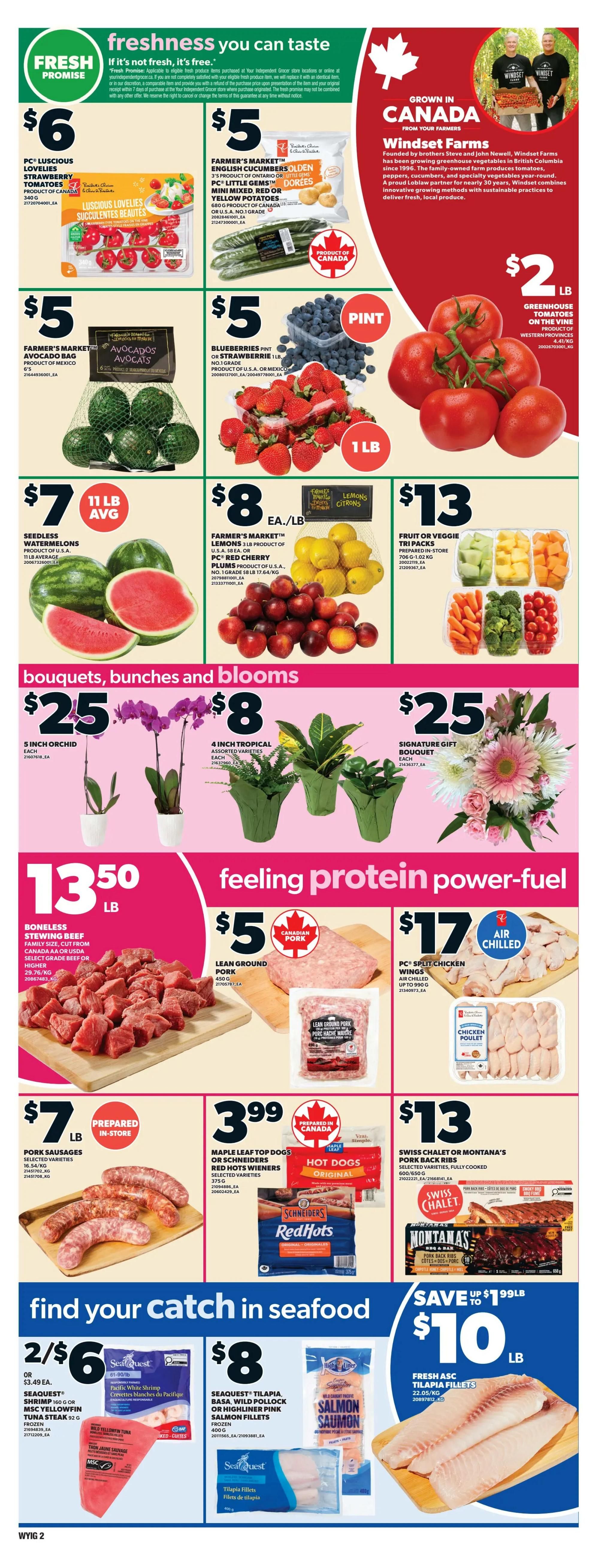 Independent flyer page 4 features 'freshness you can taste' with various produce and protein deals. Highlights include PC® Luscious Lovelies Strawberry Tomatoes for $6, Farmer's Market™ English Cucumbers for $5, and blueberries for $5 per pint. Also featured are Seedless Watermelons for $7 (11 lb avg), Farmer's Market™ Lemons and PC® Red Cherry Plums for $8/lb, and a Fruit or Veggie Tri-Pack for $13. Floral offerings include a 5-inch Orchid for $25 and 4-inch Tropical Assorted Varieties for $8, plus a Signature Gift Bouquet for $25. In the 'feeling protein power-fuel' section, Boneless Stewing Beef is $13.50/lb, Lean Ground Pork is $5, and PC® Split Chicken Wings are $17. Pork Sausages are $7/lb, Maple Leaf® Top Dogs or Schneiders® Red Hots Wieners are $3.99, and Swiss Chalet or Montana's Pork Back Ribs are $13. The 'find your catch in seafood' section offers Seaquest® Shrimp or MSC Yellowfin Tuna Steak for 2/$6, Seaquest® Tilapia, Basa, Wild Pollock or Highliner Pink Salmon Fillets for $8, and Fresh ASC Tilapia Fillets for up to $10 off per lb.