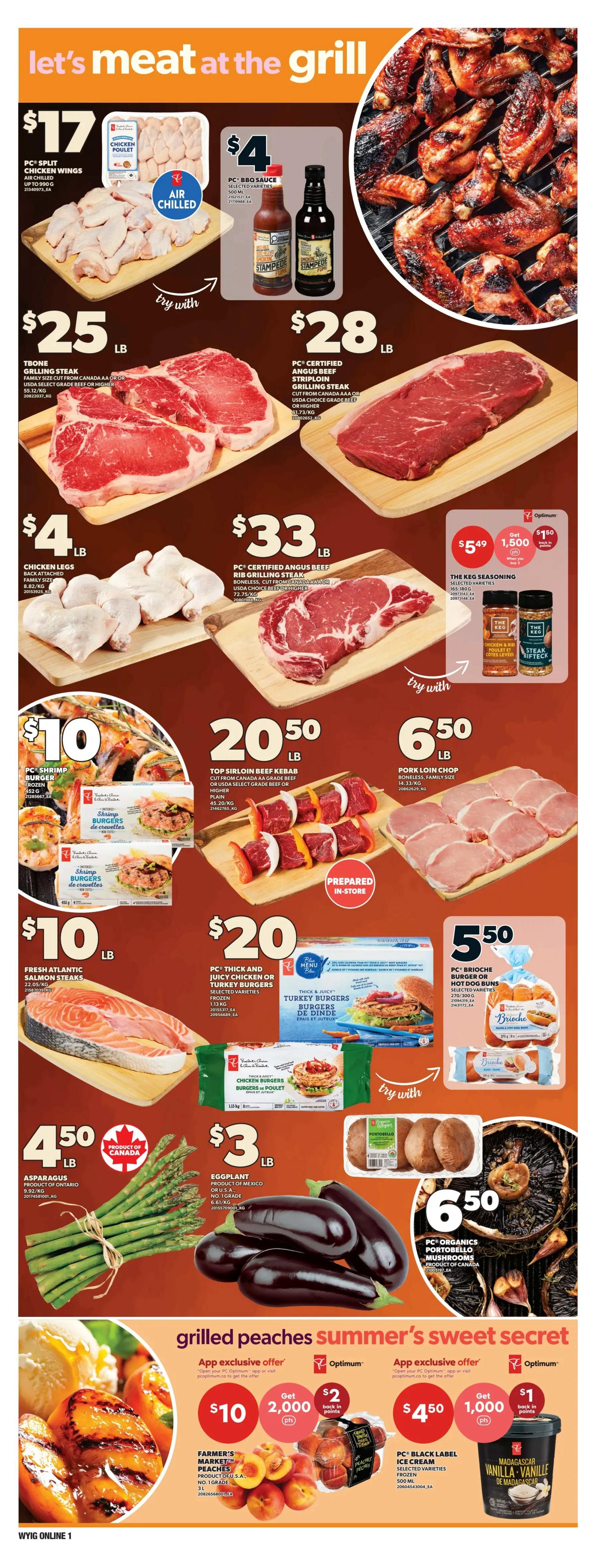 Independent flyer page 6 features 'Let's Meat at the Grill' specials. Highlights include PC Split Chicken Wings for $17, PC BBQ Sauce for $4, T-Bone Grilling Steak for $25/lb, and PC Certified Angus Beef Striploin Grilling Steak for $28/lb. Also featured are Chicken Legs for $4/lb, PC Certified Angus Beef Rib Grilling Steak for $33/lb, and The Keg Seasoning for $5.49 with 1,500 Optimum points back. Other deals include PC Shrimp Burgers for $10, Top Sirloin Beef Kebab for $20.50/lb, and Pork Loin Chop for $6.50/lb. Fresh Atlantic Salmon Steaks are $10/lb. PC Thick and Juicy Chicken or Turkey Burgers are $20. PC Brioche Burger or Hot Dog Buns are $5.50. Asparagus is $4.50/lb. Eggplant is $3/lb. PC Organics Portobello Mushrooms are $6.50. The page also promotes 'Grilled Peaches Summer's Sweet Secret' with Farmer's Market Peaches for $10 when you get 2,000 Optimum points back, and PC Black Label Ice Cream for $4.50 with 1,000 Optimum points back.