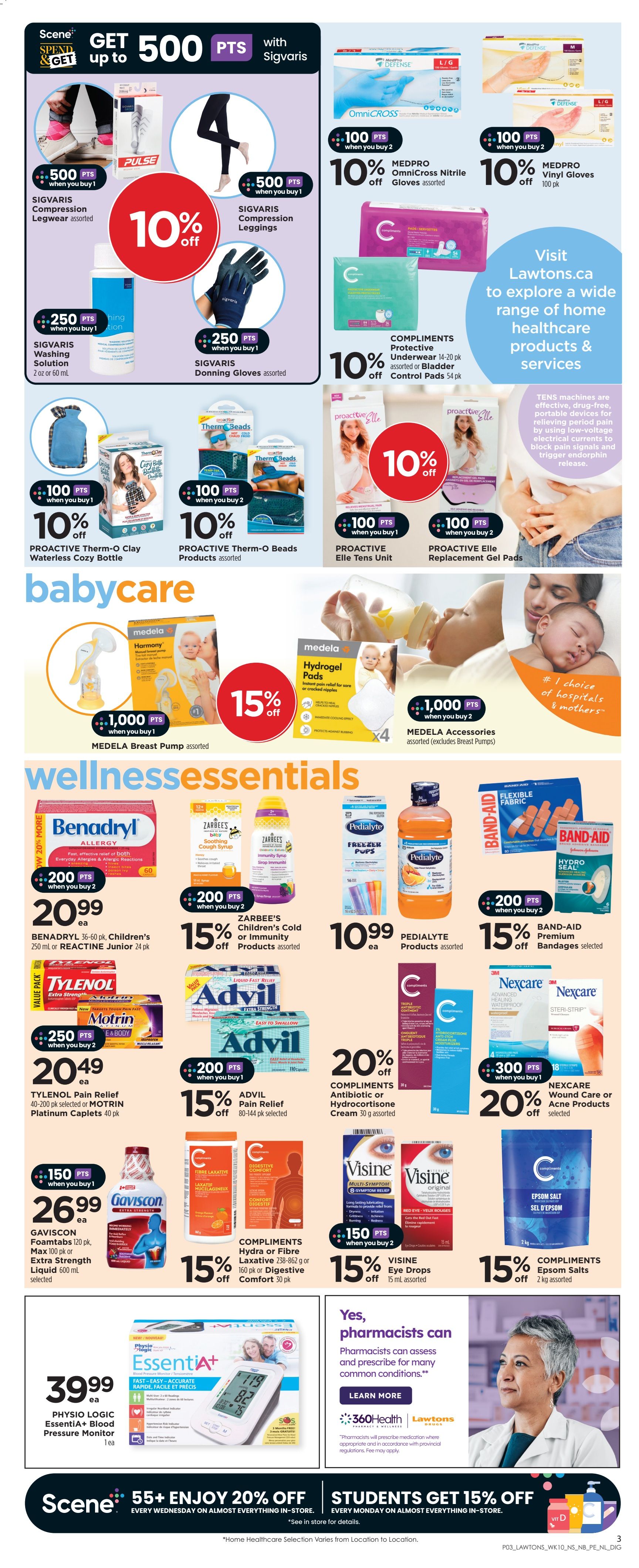 Lawtons Drugs Nova Scotia flyer page 4 features a 'Get 500 PTS with Sigvaris' promotion. Offers include Sigvaris Compression Legwear with 500 bonus points when you buy 1, and Sigvaris Compression Leggings with 500 bonus points when you buy 1. Also featured are Sigvaris Washing Solution for 250 bonus points when you buy 1, and Sigvaris Darning Gloves assorted for 250 bonus points when you buy 1. In the 'babycare' section, get 15% off Medela Breast Pump assorted with 1,000 bonus points when you buy 1, and Medela Hydrogel Pads for 1,000 bonus points when you buy 2. The 'wellness essentials' section includes Benadryl Allergy 36-60 pk or Reactine Junior 24 pk for $20.99 each with 200 bonus points when you buy 2. Zarbee's Children's Cold or Immunity Products assorted are 15% off with 200 bonus points when you buy 2. Tylenol Pain Relief 40-200 pk selected or Motrin Platinum Caplets 40 pk are $20.49 each with 250 bonus points when you buy 2. Advil Pain Relief 80-144 pk selected is 15% off with 200 bonus points when you buy 1. Pedialyte Products assorted are $10.99 each. Compliments Antibiotic or Hydrocortisone Cream 30 g assorted is 20% off. Nexcare Wound Care or Acne Products selected are 20% off with 300 bonus points when you buy 1. Gaviscon Foamtabs 120 pk, Max 100 pk or Extra Strength Liquid 600 mL selected is $26.99 each with 150 bonus points when you buy 1. Compliments Hydra or Fibre Laxative 238-862 g or 160 pk or Digestive Comfort 30 pk are 15% off. Visine Eye Drops 15 mL assorted are 15% off with 150 bonus points when you buy 2. Compliments Epsom Salts 2 kg assorted are 15% off. Physio Logic EssentiA+ Blood Pressure Monitor 1 ea is $39.99. The page also highlights 'Yes, pharmacists can assess and prescribe for many common conditions' with a 'Learn More' button and 360Health Lawtons branding. Scene+ members get 55% enjoy 20% off every Wednesday on almost everything in-store, and students get 15% off every Monday on almost everything in-store.