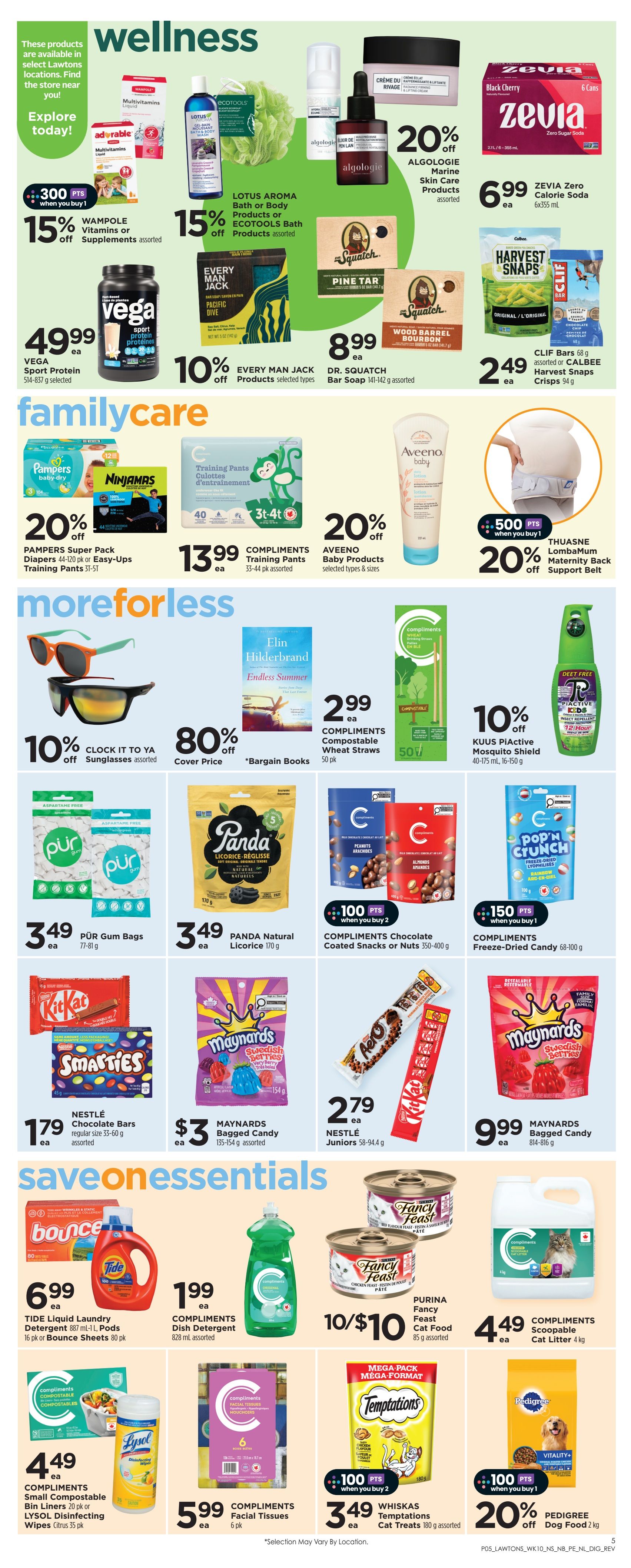 Lawtons Drugs weekly flyer specials page 6 features a 'wellness' section with Wampole Vitamins or Supplements on sale for 15% off, Lotus Aroma Bath or Body Products or Ecotools Bath Products for 15% off, Algologie Marine Skin Care Products for 20% off, and Zevia Zero Calorie Soda 6 cans for $6.99. Also featured are Vega Sport Protein Sugar-Free 514-837 g for $49.99, Every Man Jack Products for 10% off, Dr. Squatch Bar Soap 141-142 g for $8.99, and Harvest Snaps Crisps 94 g or Clif Bars assorted for $2.49. The 'family care' section includes Pampers Super Pack Diapers or Easy-Ups Training Pants for 20% off, Compliments Training Pants 53-44 pk for $13.99, Aveeno Baby Products for 20% off, and Thuasne LombaMum Maternity Back Support Belt for 20% off with 500 bonus points when you buy 1. The 'more for less' section offers Clock It To Ya Sunglasses for 10% off, Bargain Books for 80% off cover price, Compliments Compostable Wheat Straws 50 pk for $2.99, and Kuus PiActive Mosquito Shield 40-175 mL for 10% off. Candy and snacks include Pur Gum Bags for $3.49, Panda Natural Licorice 170 g for $3.49, Compliments Chocolate Coated Snacks or Nuts 350-400 g with 100 bonus points when you buy 2, and Compliments Freeze-Dried Candy 68-100 g with 150 bonus points when you buy 1. Nestlé Chocolate Bars regular size 53-60 g for $1.79, Maynards Bagged Candy 155-154 g for $3, and Nestlé Juniors 58-94.4 g for $2.79. Maynards Bagged Candy 814-816 g is $9.99. The 'save on essentials' section highlights Tide Liquid Laundry Detergent 887 mL or Pods 16 pk or Bounce Sheets 80 pk for $6.99, Compliments Dish Detergent 828 mL for $1.99, Purina Fancy Feast Cat Food 85 g for 10 for $10, Compliments Scoopable Cat Litter 4 kg for $4.49, Compliments Small Compostable Bin Liners 20 pk or Lysol Disinfecting Wipes 35 pk for $4.49, Compliments Facial Tissues 6 pk for $5.99, Whiskas Temptations Cat Treats 180 g with 100 bonus points when you buy 2 for $3.49, and Pedigree Dog Food 2 kg for 20% off.