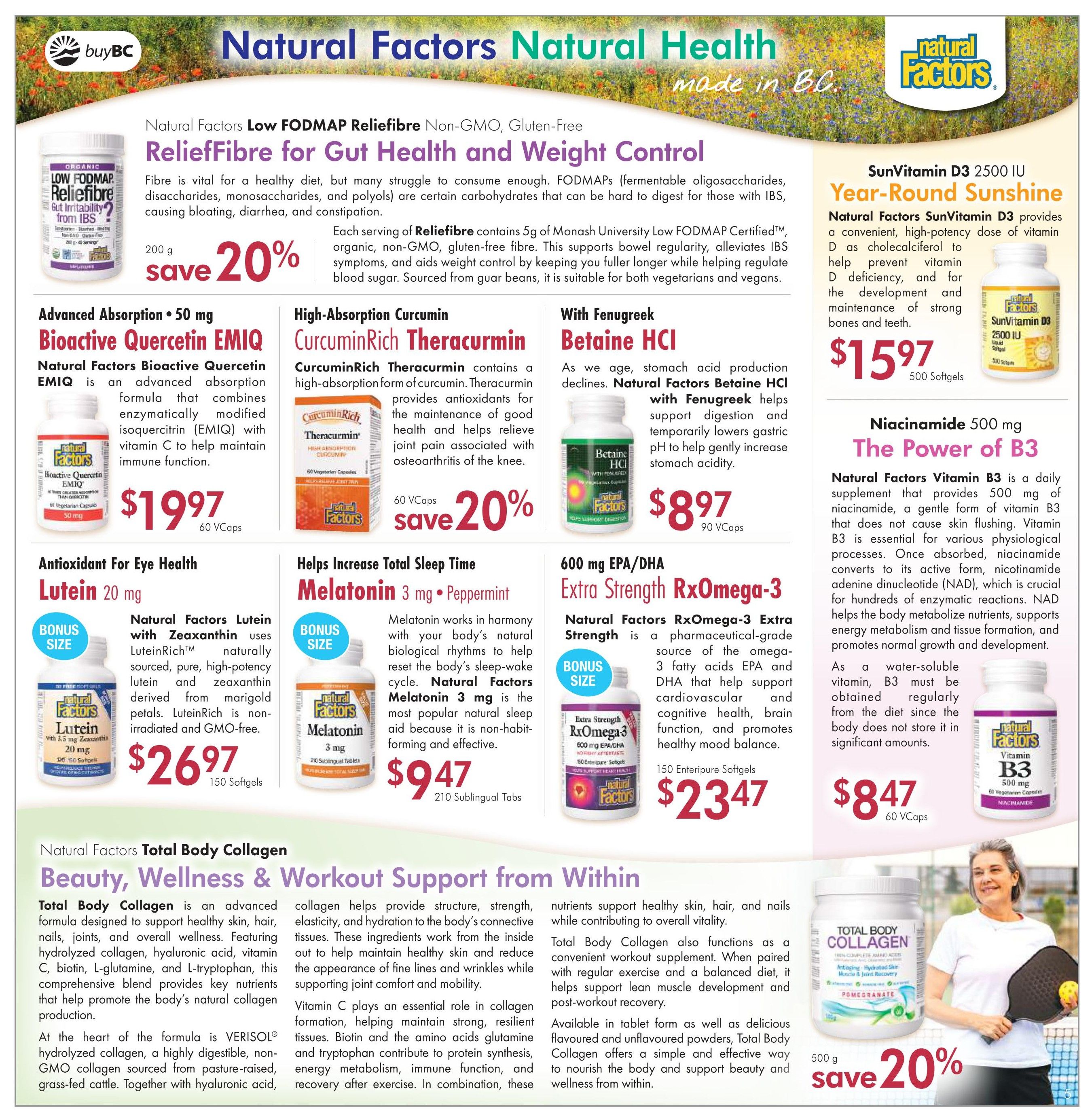 Lifestyle Markets flyer page 5 features Natural Factors products. Save 20% on Natural Factors Low FODMAP ReliefFibre for Gut Health and Weight Control, 200 g. Advanced Absorption Bioactive Quercetin EMIQ, 50 mg, is $19.97 for 60 Vcaps. High-Absorption Curcumin CurcuminRich Theracurmin is on sale. Natural Factors Betaine HCl with Fenugreek is $8.97 for 90 Vcaps. SunVitamin D3 2500 IU Year-Round Sunshine is $15.97 for 500 Softgels. Niacinamide 500 mg, The Power of B3, is $8.47 for 60 Vcaps. Natural Factors Lutein with Zeaxanthin, 20 mg, is a Bonus Size and priced at $26.97 for 150 Softgels. Natural Factors Melatonin 3 mg Peppermint is a Bonus Size and costs $9.47 for 210 Sublingual Tabs. Extra Strength RxOmega-3, 600 mg EPA/DHA, is a Bonus Size and $23.47 for 150 Enteripure Softgels. Also featured is Natural Factors Total Body Collagen, available in Pomegranate flavour, 500 g, with a 20% saving.