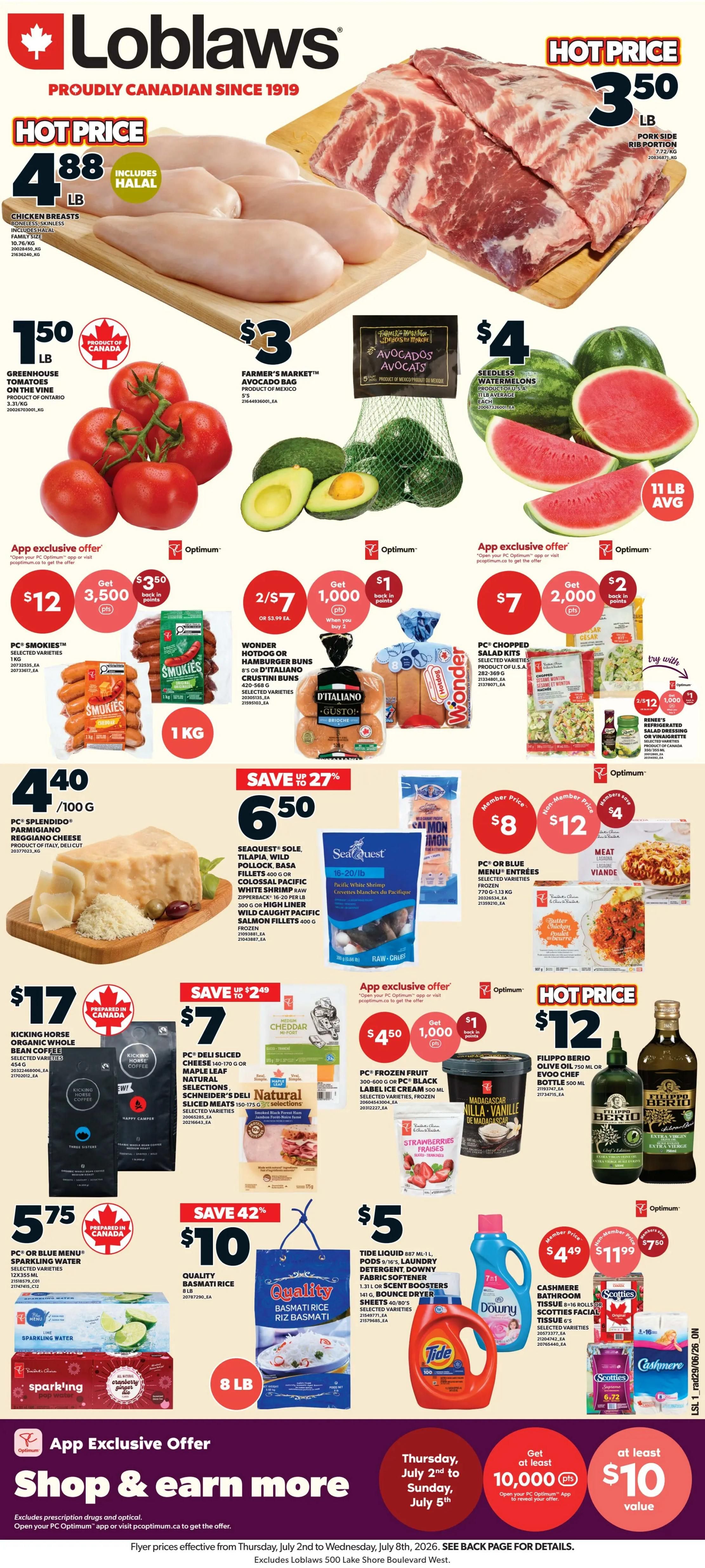 Loblaws flyer page featuring a promotion: 'Canada Wins or Draws, You Win'. Score two (2) FREE chicken tenders the day after a game win. This offer is redeemable for PC Optimum members and requires opening the PC Optimum app or visiting pcoptimum.ca to load the offer. The offer is valid when Canada's national men's soccer team wins a game between June 11 - July 19, 2026. Once activated, present the offer using the app to the Meals to Go department in-store between 11:00 AM and 7:00 PM at participating Loblaws, City Markets, Zehrs, Your Independent Grocer, Valu-Mart, and Provigo locations. The offer is limited to one per member and expires after one use. It is not combinable with other coupons or offers. While supplies last. The image also shows two chicken tenders on a red and white checkered paper.