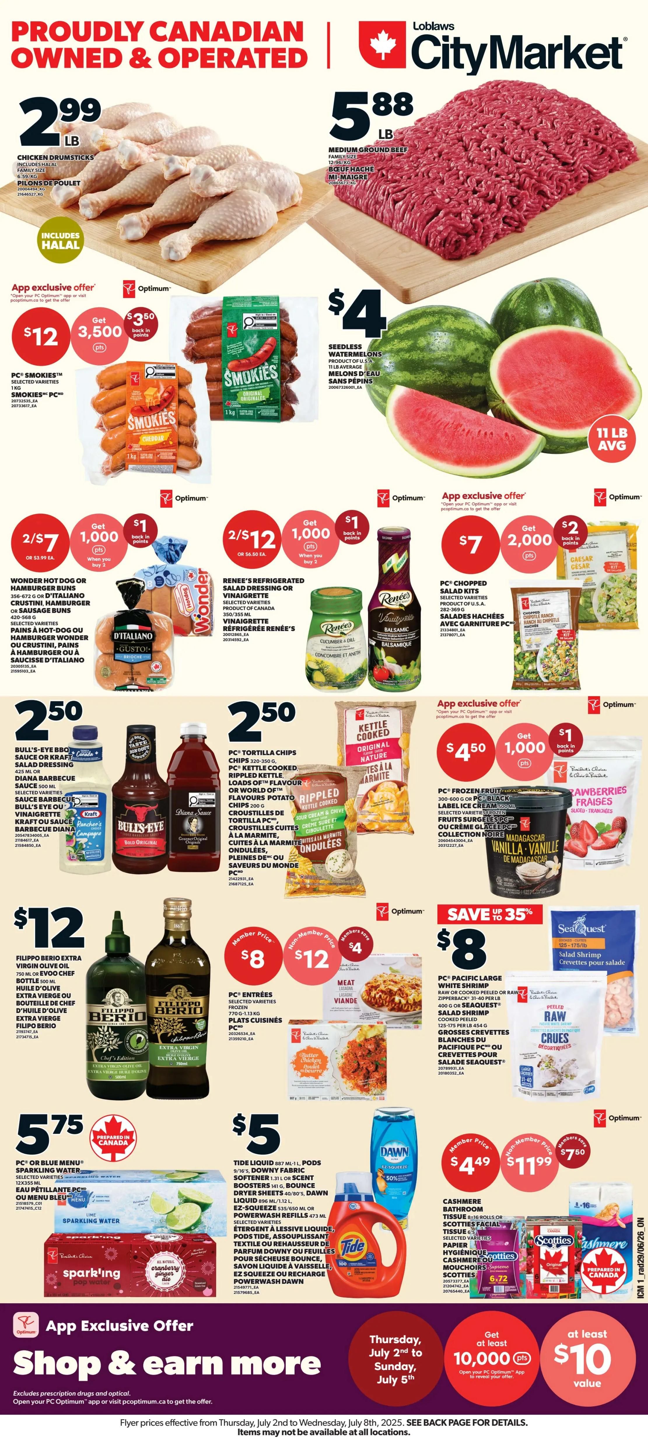 Loblaws flyer page 1: Canada wins or draws, you win! Score two (2) FREE chicken tenders the day after Canada's national men's soccer team wins a game between June 11 - July 19, 2026. To redeem, open your PC Optimum app or visit pcoptimum.ca to load the offer. Present the offer using the app to the Meals to Go department in-store between 11:00 AM and 7:00 PM at participating Loblaws, City Markets, Zehrs, Your Independent Grocer, Valu-Mart, and Provigo locations. Offer redeemable for PC Optimum members only. Image shows two chicken tenders on a red and white checkered paper. The flyer also features logos for Loblaws, City Market, Zehrs, Independent, and Valu-Mart.