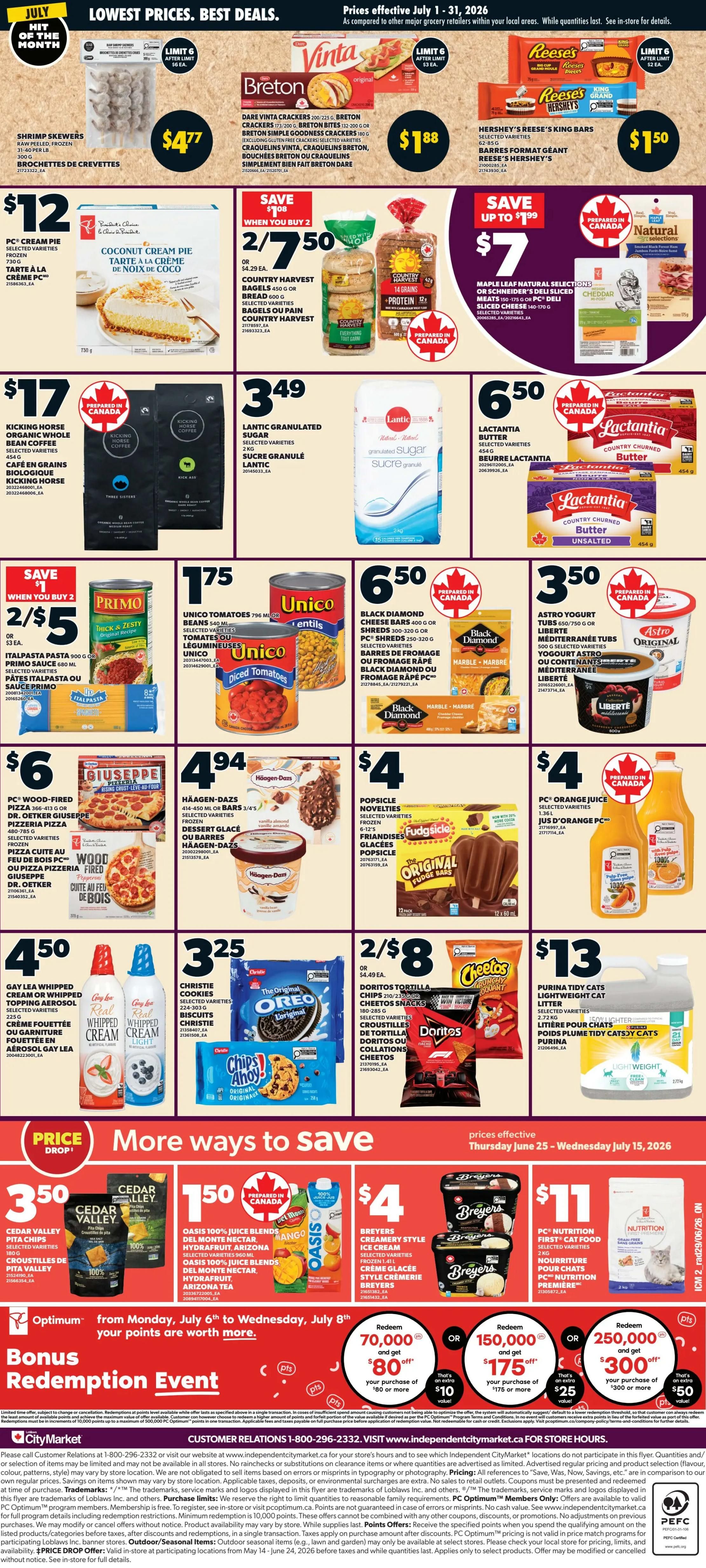 Loblaws weekly flyer specials page 3, featuring a variety of deals. Top row includes Shrimp Skewers for $4.77, Dare Vinta Crackers and Breton Crackers for $1.88, and Hershey's Reese's King Bars for $1.50. Second row showcases PC Cream Pie and Coconut Cream Pie for $12, Country Harvest Bagels for 2/$7.50, and Maple Leaf Natural Selections Sliced Meats or Schneider's Deli Sliced Meats for $7. Third row offers Kicking Horse Organic Whole Bean Coffee for $17, Lantic Granulated Sugar for $3.49, and Lactantia Butter for $6.50. Fourth row highlights Primo Pasta Sauce for 2/$5, Unico Tomatoes for $1.75, and Black Diamond Cheese Bars or PC Shreds for $6.50. Fifth row features Giuseppe Pizza for $6, Häagen-Dazs Ice Cream Bars or Cups for $4.94, Popsicle Novelties Fudge Bars for $4, and PC Orange Juice for $4. Bottom row includes Gay Lea Whipped Cream or Whipped Topping Aerosol for $4.50, Christie Cookies for $3.25, Doritos Tortilla Chips or Cheetos Snacks for 2/$8, and Purina Tidy Cats Lightweight Cat Litter for $13. The bottom section, 'More Ways to Save', includes Cedar Valley Pita Chips for $3.50, Oasis Juice Blends for $1.50, Dreyer's Creamery Style Ice Cream for $4, and PC Nutrition First Cat Food for $11. A Bonus Redemption Event offers points redemption for discounts on purchases of $80 or more, $175 or more, or $300 or more, with savings of $10, $25, or $50 respectively.