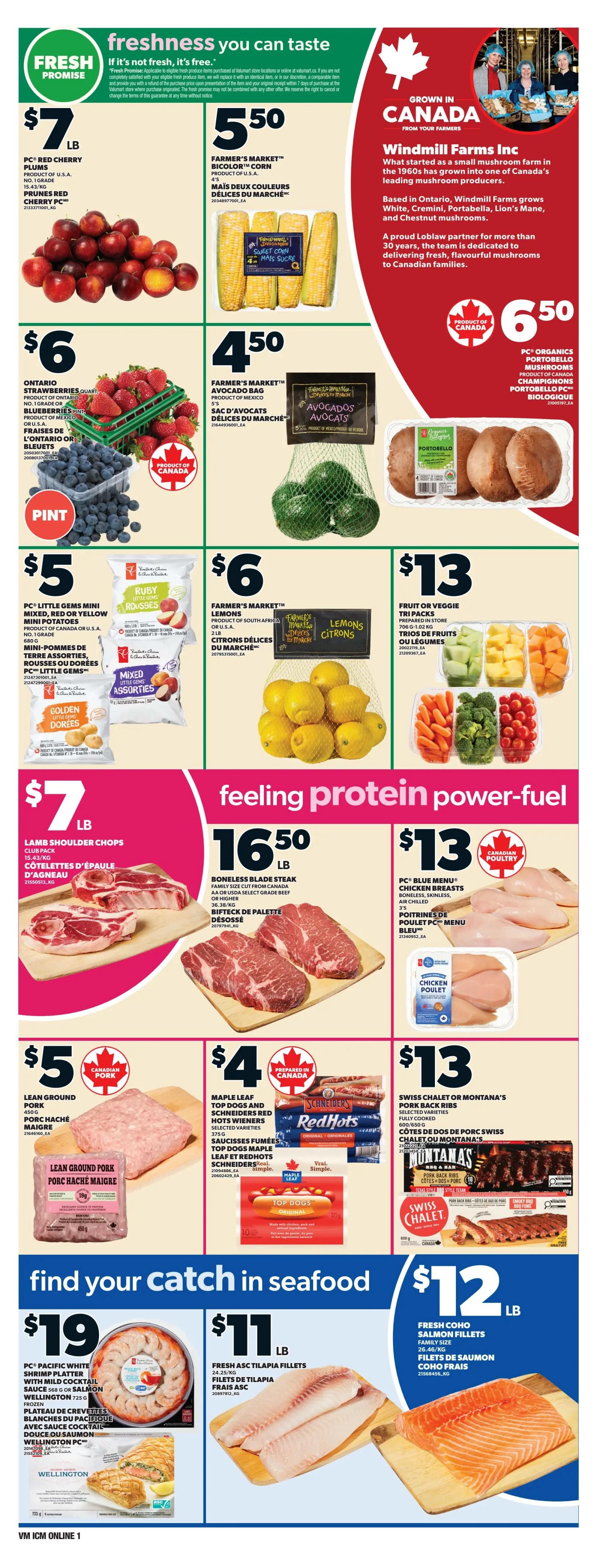 Loblaws weekly flyer specials page 4. Fresh produce includes PC Red Cherry Plums for $7/lb, Farmer's Market Bicolor Corn for $5.50, PC Organics Portobello Mushrooms for $6.50/lb, Ontario Strawberries for $6/pint, Farmer's Market Avocado Bag for $4.50, PC Little Gems Mini Potatoes for $5, Farmer's Market Lemons for $6/2 lb, and Fruit or Veggie Tri Packs for $13. Protein options feature Lamb Shoulder Chops for $7/lb, Boneless Blade Steak for $16.50/lb, PC Blue Menu Chicken Breasts for $13, Lean Ground Pork for $5, Maple Leaf Top Dogs and Schneiders Red Hots Wieners for $4, and Swiss Chalet or Montana's Pork Back Ribs for $13. Seafood includes PC Pacific White Shrimp Platter for $19, Fresh ASC Tilapia Fillets for $11/lb, and Fresh Coho Salmon Fillets for $12/lb.