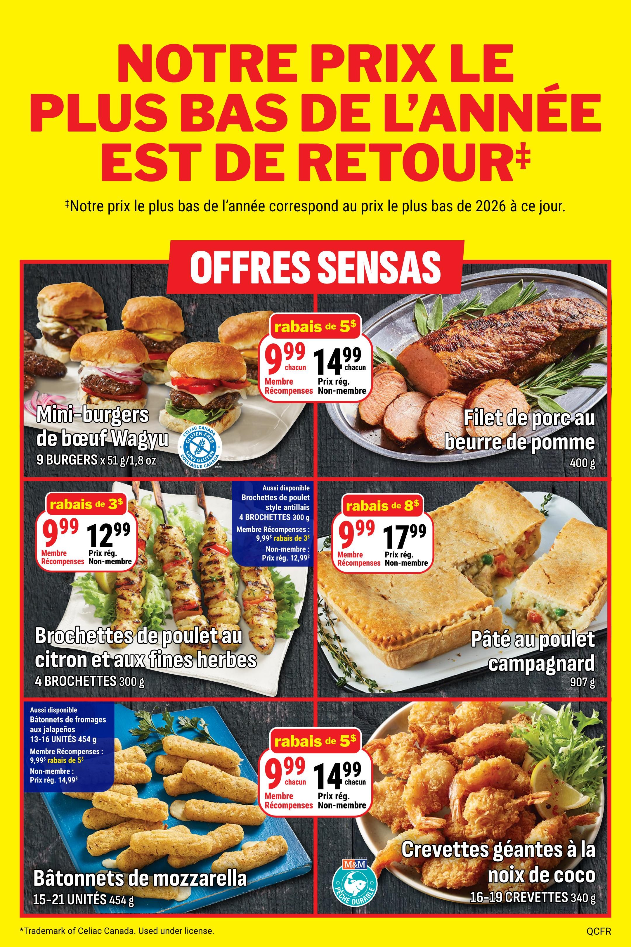M&M Food Market weekly flyer specials page 2. Featuring 'Our Lowest Price of the Year is Back!' promotion. Offers include: Mini Wagyu Beef Burgers, 9 burgers x 51 g/1.8 oz, for $9.99 each (member price) or $14.99 each (non-member price), with a $5 discount. Pork Tenderloin with Apple Butter, 400 g, for $9.99 each (member price) or $14.99 each (non-member price), with a $5 discount. Chicken Skewers with Lemon and Herbs, 4 skewers 300 g, available for $9.99 (member price, $3 discount) or $12.99 (non-member regular price). Also available: Jalapeño Cheese Bites, 13-16 units 454 g, for $9.99 (member price, $5 discount) or $14.99 (non-member regular price). Country Chicken Pot Pie, 907 g, for $9.99 each (member price) or $17.99 each (non-member price), with an $8 discount. Giant Coconut Shrimp, 16-19 shrimp 340 g, for $9.99 each (member price) or $14.99 each (non-member price), with a $5 discount. The flyer also notes 'Trademark of Celiac Canada. Used under license.