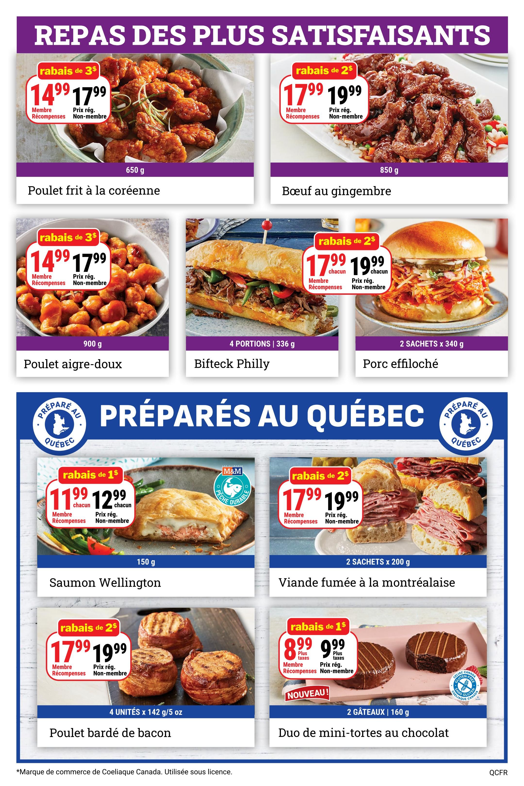 M&M Food Market weekly flyer specials page 3 features 'Meals That Satisfy'. Top row includes Korean Fried Chicken for $14.99 (member) / $17.99 (non-member) and Ginger Beef for $17.99 (member) / $19.99 (non-member). Middle row showcases Sweet and Sour Chicken for $14.99 (member) / $17.99 (non-member), Bifteck Philly for $17.99 (member) / $19.99 (non-member), and Pulled Pork for $17.99 (member) / $19.99 (non-member). The 'Prepared in Quebec' section highlights Salmon Wellington for $11.99 (member) / $12.99 (non-member) and Montreal Smoked Meat for $17.99 (member) / $19.99 (non-member). Bottom row features Bacon-Wrapped Chicken Bites for $17.99 (member) / $19.99 (non-member) and a new item, Duo of Mini Chocolate Cakes for $8.99 (member) / $9.99 (non-member).