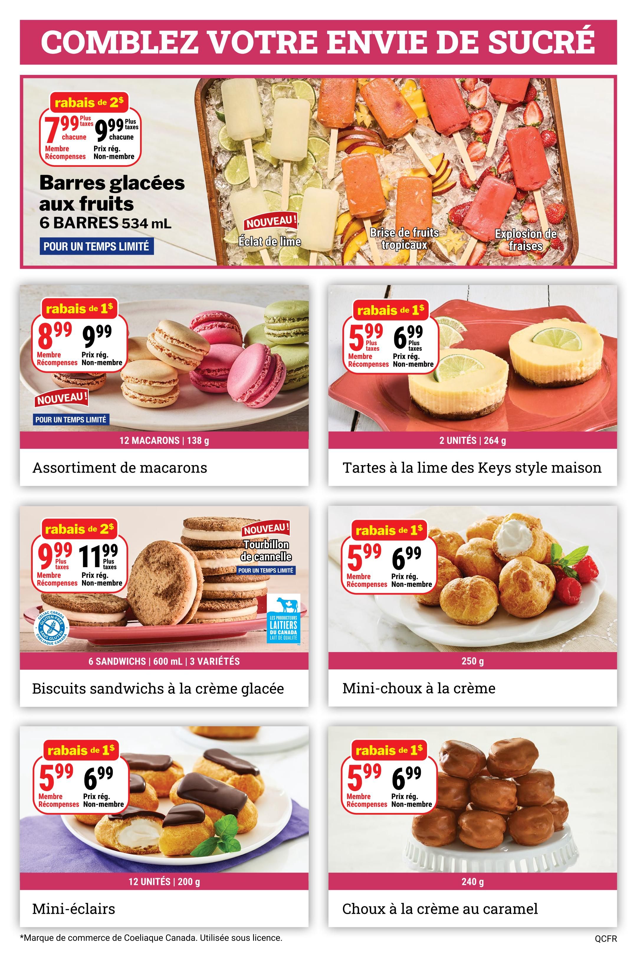 M&M Food Market flyer page 5 features a variety of frozen desserts and treats. Top section showcases fruit bars with a $2 discount, priced at $7.99 for members and $9.99 for non-members, available for a limited time. Flavours include 'Nouveau!' Lime Zest, Tropical Fruit Burst, and Strawberry Explosion. Below, Assorted Macarons are on sale for $8.99 (member price) or $9.99 (regular price), with 12 macarons (138g) included. Also featured are 'Nouveau!' Homemade Key Lime Tarts, 2 units (264g), for $5.99 (member price) and $6.99 (regular price). The middle section highlights Ice Cream Sandwiches in 3 varieties (600ml) for $9.99 (member price) and $11.99 (regular price), with a 'Nouveau!' Cinnamon Swirl option. Mini Cream Puffs (250g) are $5.99 (member price) and $6.99 (regular price). The bottom row displays Mini Eclairs (12 units, 200g) for $5.99 (member price) and $6.99 (regular price), and Caramel Cream Puffs (240g) for $5.99 (member price) and $6.99 (regular price). Some products are marked 'Nouveau!' and 'Pour un temps limité' (for a limited time).