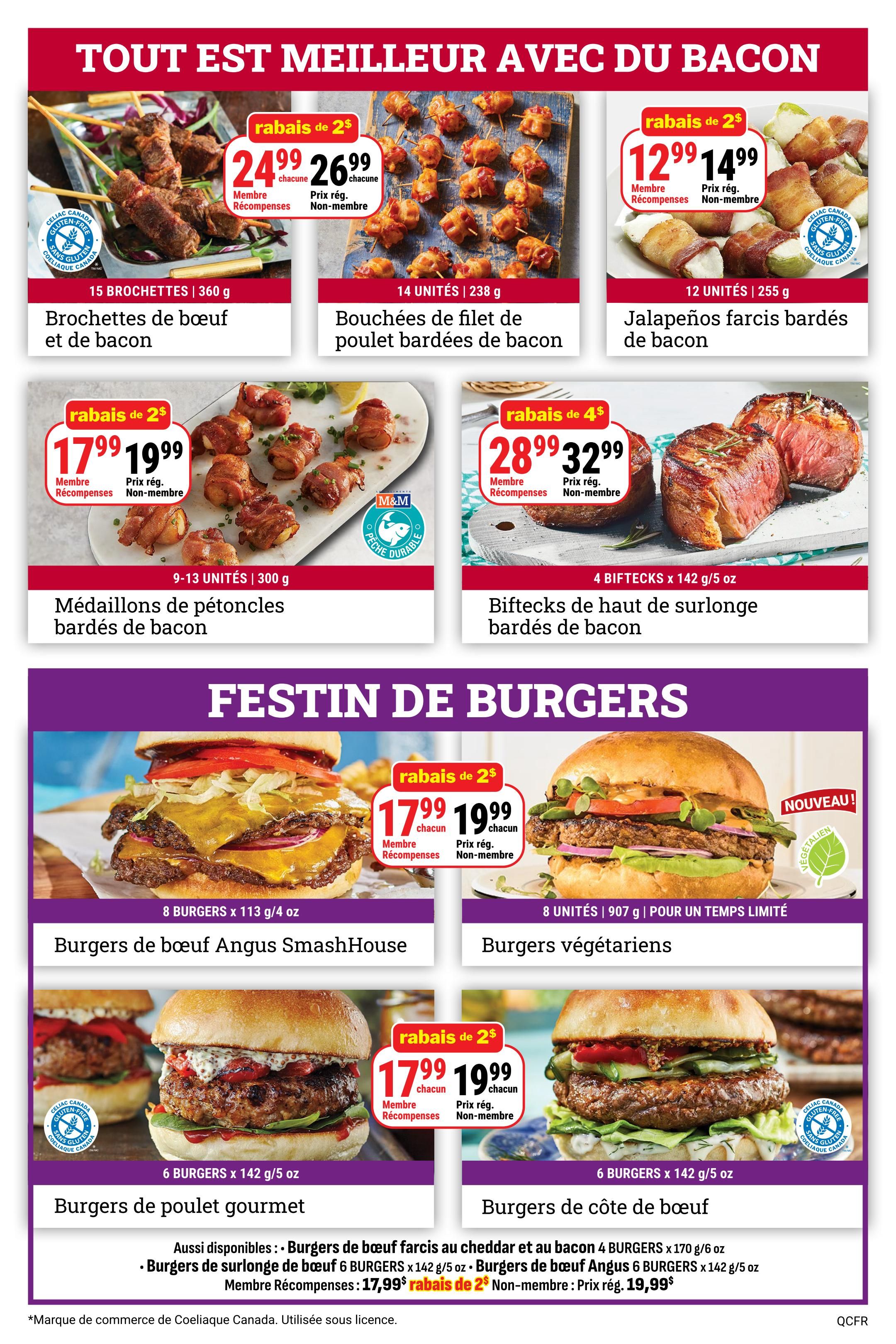 M&M Food Market weekly flyer specials page 6. Featured items include: 15 Brochettes of beef and bacon for $24.99 (member price) or $26.99 (regular price), 14 units of chicken tenderloin bites wrapped in bacon for $12.99 (member price) or $14.99 (regular price), and 12 units of jalapeño stuffed bacon-wrapped steaks for $12.99 (member price) or $14.99 (regular price). Also available are 9-13 units of sirloin steak medallions wrapped in bacon for $17.99 (member price) or $19.99 (regular price), and 4 sirloin steak biftecks wrapped in bacon for $28.99 (member price) or $32.99 (regular price). The 'Feast of Burgers' section features 8 Angus SmashHouse beef burgers for $17.99 (member price) or $19.99 (regular price), and 8 vegetarian burgers for $17.99 (member price) or $19.99 (regular price). Additionally, 6 gourmet chicken burgers are available for $17.99 (member price) or $19.99 (regular price), and 6 ribeye burgers for $17.99 (member price) or $19.99 (regular price). Also available are cheddar and bacon stuffed beef burgers (4 burgers) and Angus beef burgers (6 burgers).