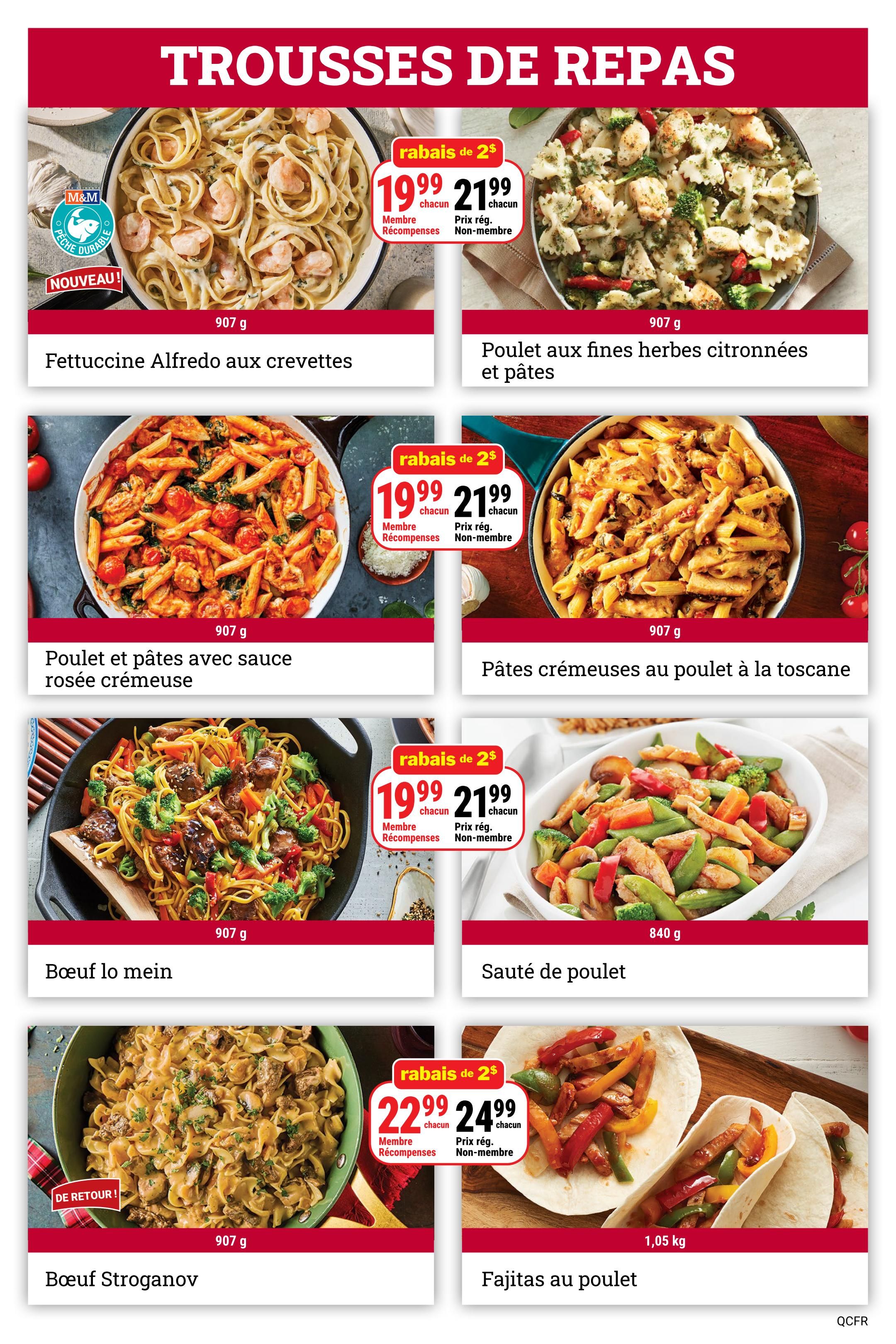 M&M Food Market weekly flyer specials page 7 features a variety of meal kits. Top row includes Fettuccine Alfredo with Shrimp for $19.99 (member price) or $21.99 (regular price) and Chicken with Lemon Herb Pasta for $19.99 (member price) or $21.99 (regular price). Middle row showcases Creamy Chicken and Pasta with Rosé Sauce for $19.99 (member price) or $21.99 (regular price) and Tuscan Creamy Chicken Pasta for $19.99 (member price) or $21.99 (regular price). Bottom row features Beef Lo Mein for $19.99 (member price) or $21.99 (regular price), Beef Stroganoff for $22.99 (member price) or $24.99 (regular price), and Chicken Fajitas for $22.99 (member price) or $24.99 (regular price). All prices are for 907g unless otherwise specified. Some items are marked as 'New!' or 'Back in stock!'