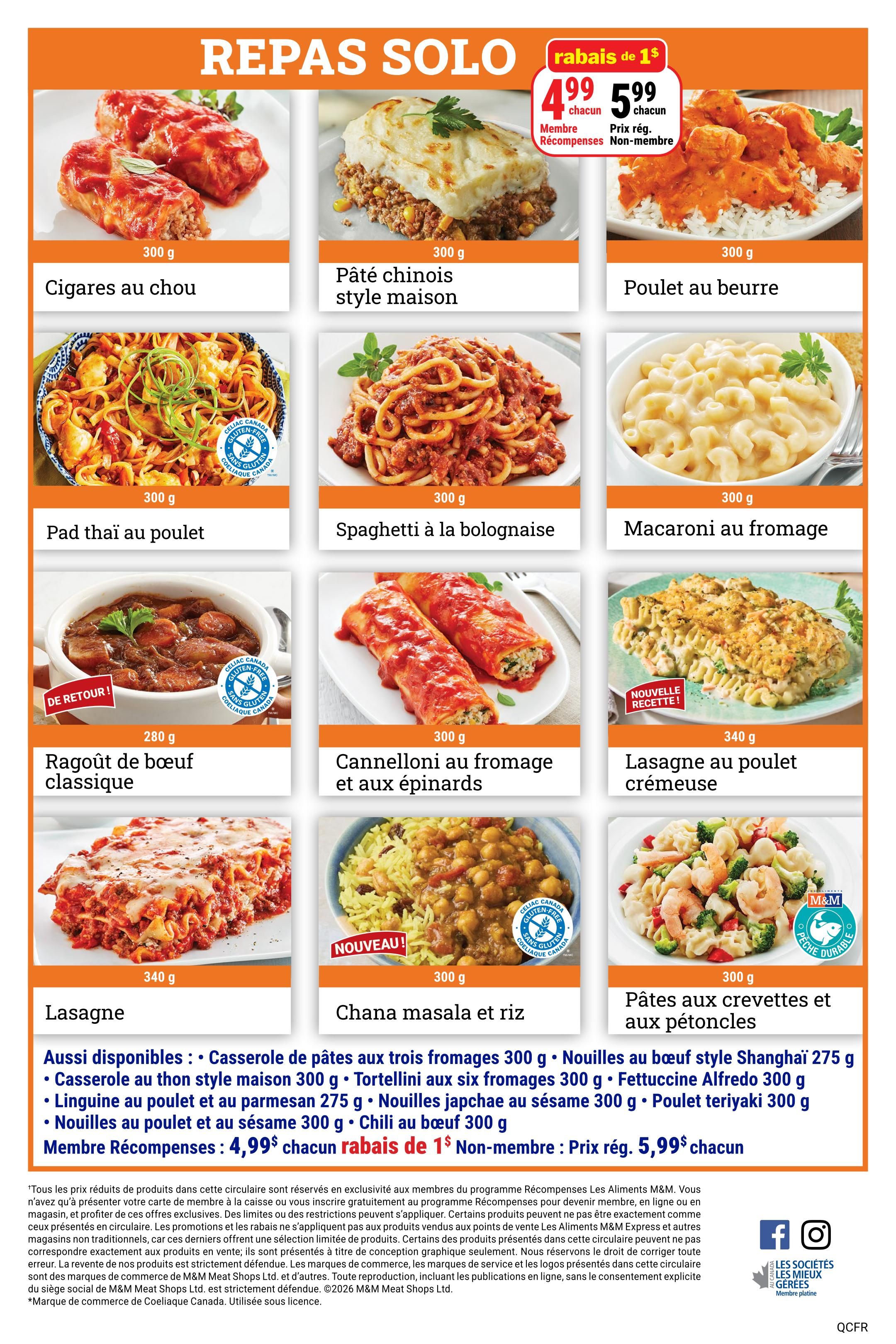 M&M Food Market weekly flyer specials page 8 features a 'Solo Meals' section. Highlighted items include: Cigares au chou (300 g), Pâté chinois style maison (300 g), Poulet au beurre (300 g), Pad thaï au poulet (300 g), Spaghetti à la bolognaise (300 g), Macaroni au fromage (300 g), Ragout de boeuf classique (280 g), Cannelloni au fromage et aux épinards (300 g), Lasagne au poulet crémeuse (340 g), Lasagne (340 g), Chana masala et riz (300 g), and Pâtes aux crevettes et aux pétoncles (300 g). Special offer: Save $1 on select items, priced at $4.99 each for members and $5.99 each for non-members. Additional available items include: Casserole de pâtes aux trois fromages (300 g), Casserole au thon style maison (300 g), Tortellini aux six fromages (300 g), Linguine au poulet et au parmesan (275 g), Nouilles japchae au sésame (300 g), Fettuccine Alfredo (300 g), Nouilles au poulet et au sésame (300 g), Poulet teriyaki (300 g), Chili au boeuf (300 g). Some products are noted as gluten-free.