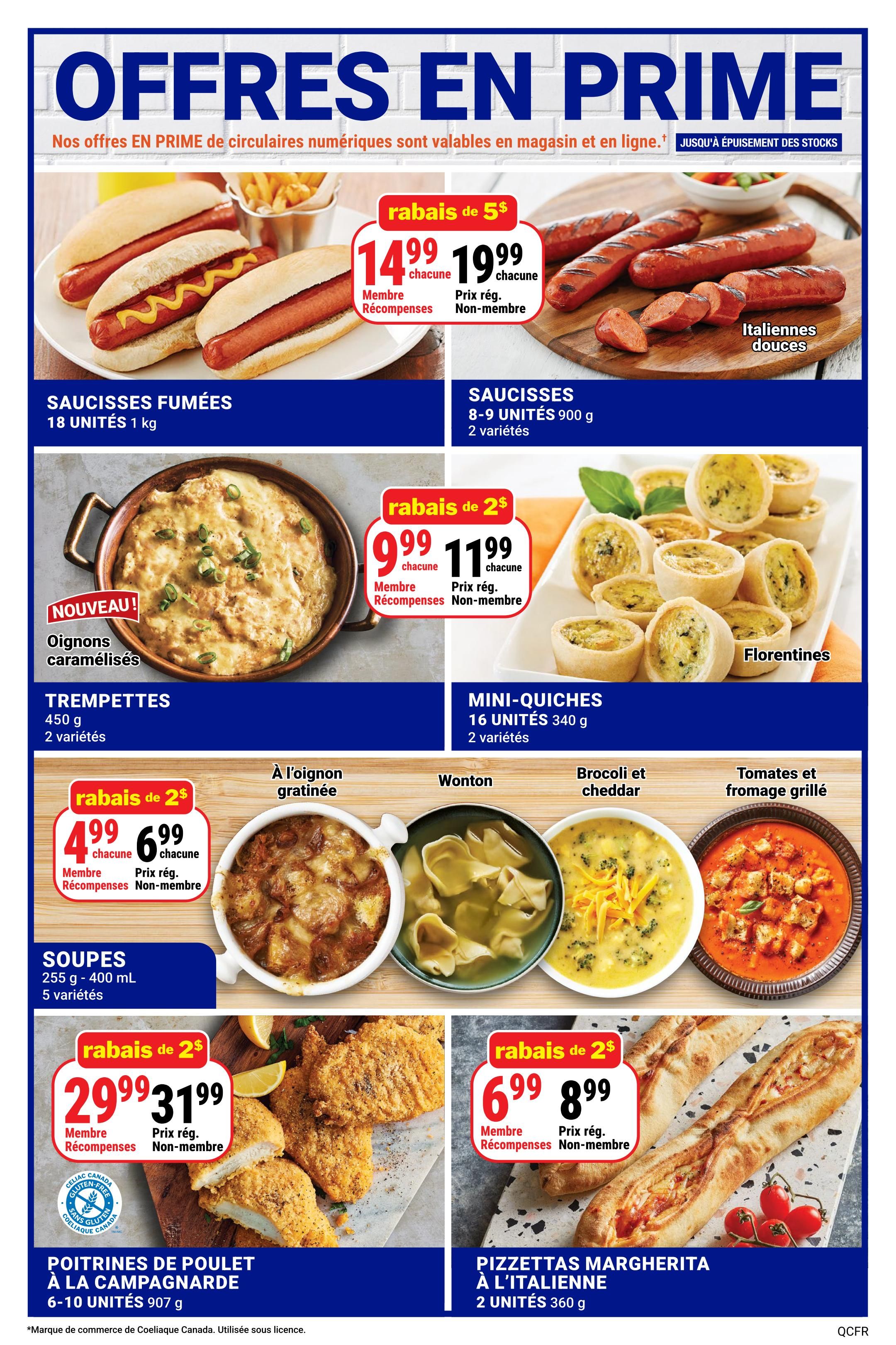 M&M Food Market weekly flyer specials page 13 features hot deals on frozen foods. Enjoy smoked sausages, 18 units, 1 kg, for $14.99 each (member price) or $19.99 each (regular price), with a $5 discount. Also available are Italian-style sweet sausages, 8-9 units, 900g, in 2 varieties. Try the new caramelized onion trempettes, 450g, 2 varieties, for $9.99 each (member price) or $11.99 each (regular price), with a $2 discount. Mini-quiches, 16 units, 340g, 2 varieties, are also featured. Explore a selection of soups including gratinated onion, wonton, broccoli cheddar, and tomato grilled cheese, with a $2 discount on all soups, priced at $4.99 each (member price) or $6.99 each (regular price). Get breaded chicken breasts, 6-10 units, 907g, for $29.99 (member price) or $31.99 (regular price), with a $2 discount. Finally, enjoy Margherita pizzettas, 2 units, 360g, for $6.99 each (member price) or $8.99 each (regular price), with a $2 discount.