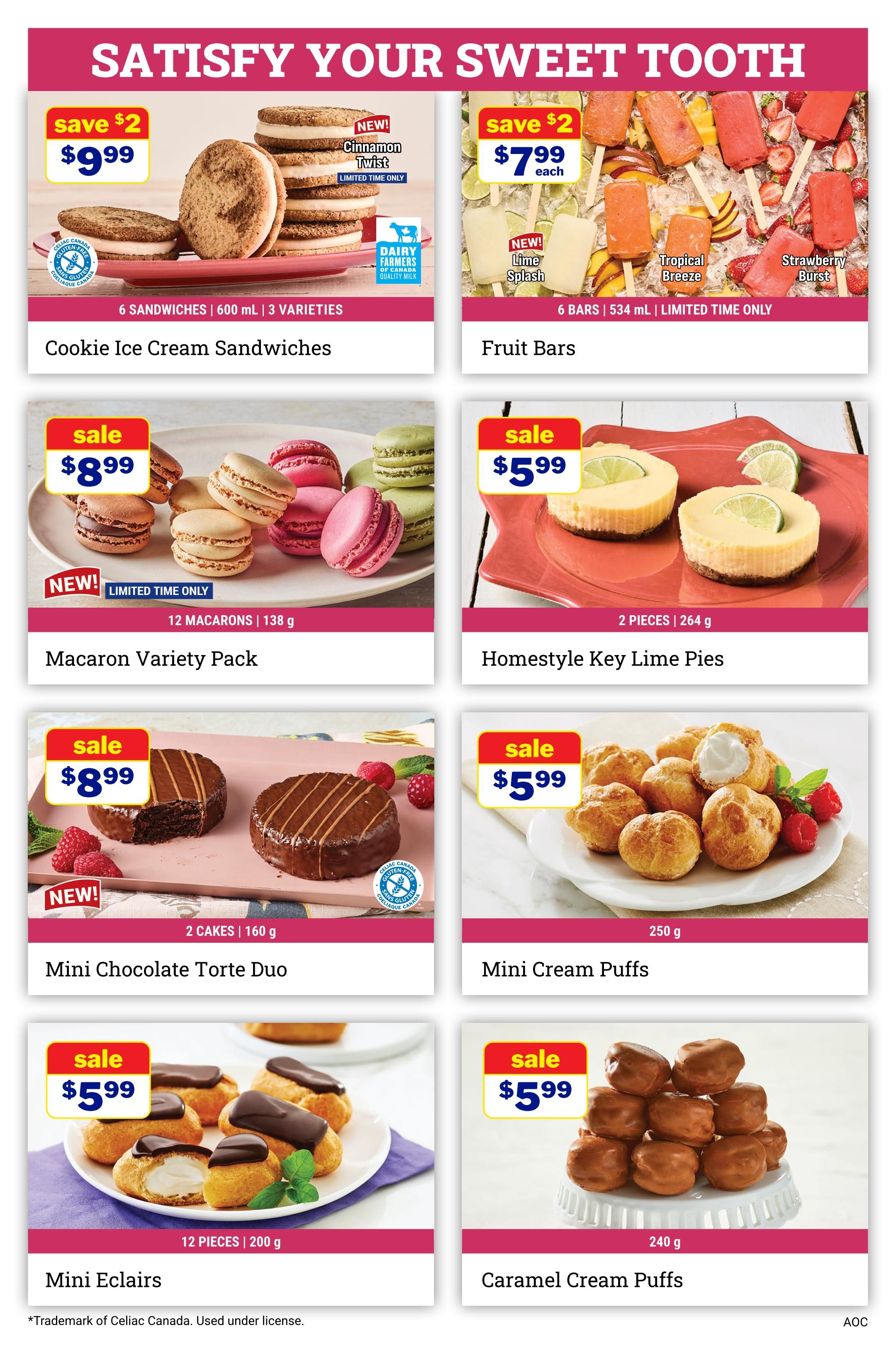 M&M Food Market weekly flyer specials page 5, featuring desserts. Save $2 on Cookie Ice Cream Sandwiches, 6 sandwiches for $9.99. Also on sale, Fruit Bars for $7.99 each, with new flavours like Lime Splash, Tropical Breeze, and Strawberry Burst. Get a Macaron Variety Pack, 12 macarons for $8.99. Homestyle Key Lime Pies are on sale for $5.99 for 2 pieces. New Mini Chocolate Torte Duo cakes are on sale for $8.99 for 2 cakes. Mini Cream Puffs are $5.99 for 250g. Mini Eclairs are $5.99 for 12 pieces (200g). Caramel Cream Puffs are also $5.99 for 240g. Some products are gluten-free and limited time offers.