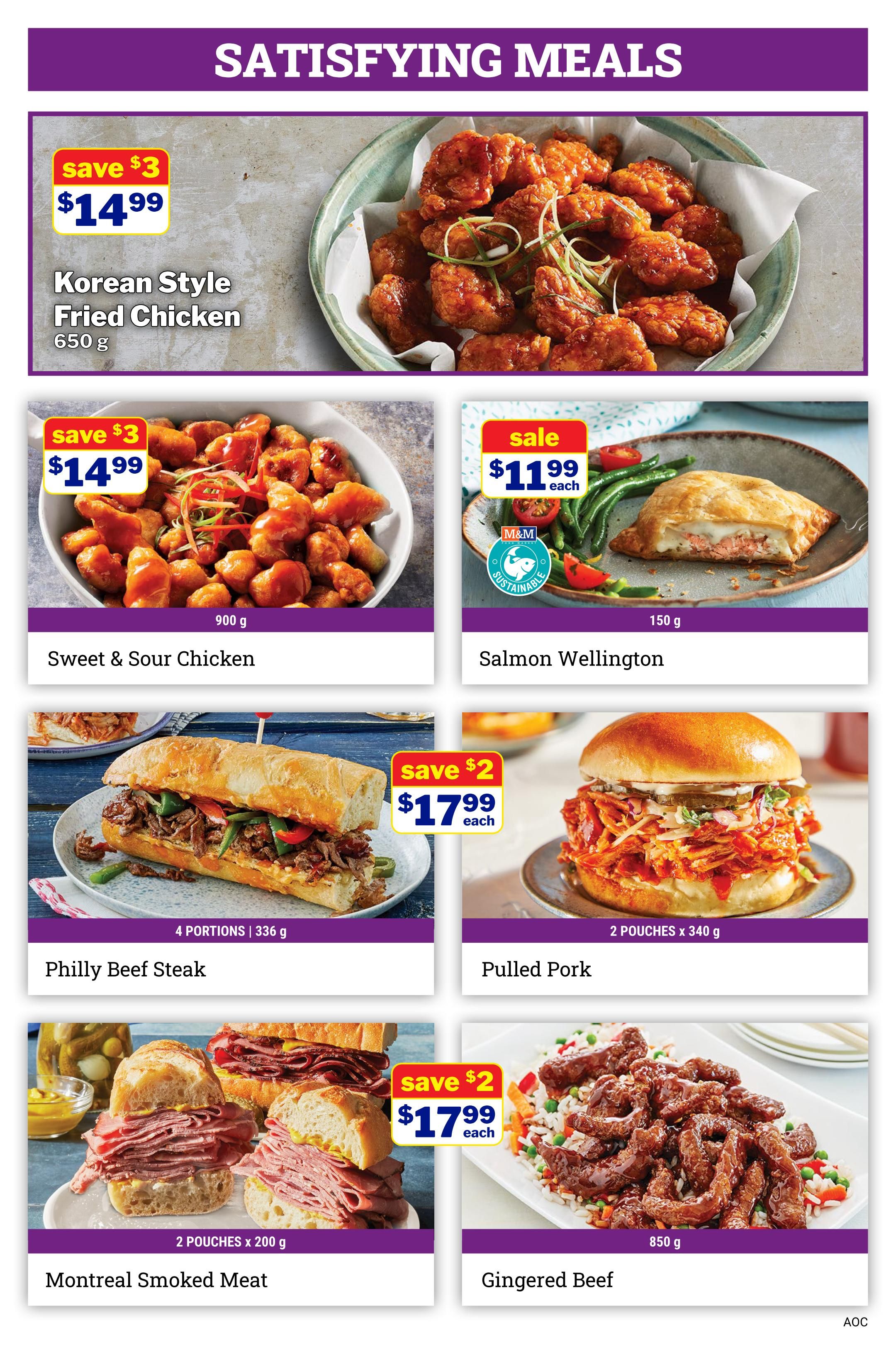 M&M Food Market flyer page 3, featuring Satisfying Meals. Top item is Korean Style Fried Chicken, 650 g, on sale for $14.99 with a save $3 offer. Below, Sweet & Sour Chicken, 900 g, is also $14.99 with a save $3 offer. To the right, Salmon Wellington, 150 g, is on sale for $11.99 each. In the next row, Philly Beef Steak, 4 portions (336 g), is $17.99 each with a save $2 offer. Pulled Pork, 2 pouches (340 g), is also featured. The bottom row shows Montreal Smoked Meat, 2 pouches (200 g), for $17.99 each with a save $2 offer, and Gingered Beef, 850 g, also for $17.99 each with a save $2 offer.