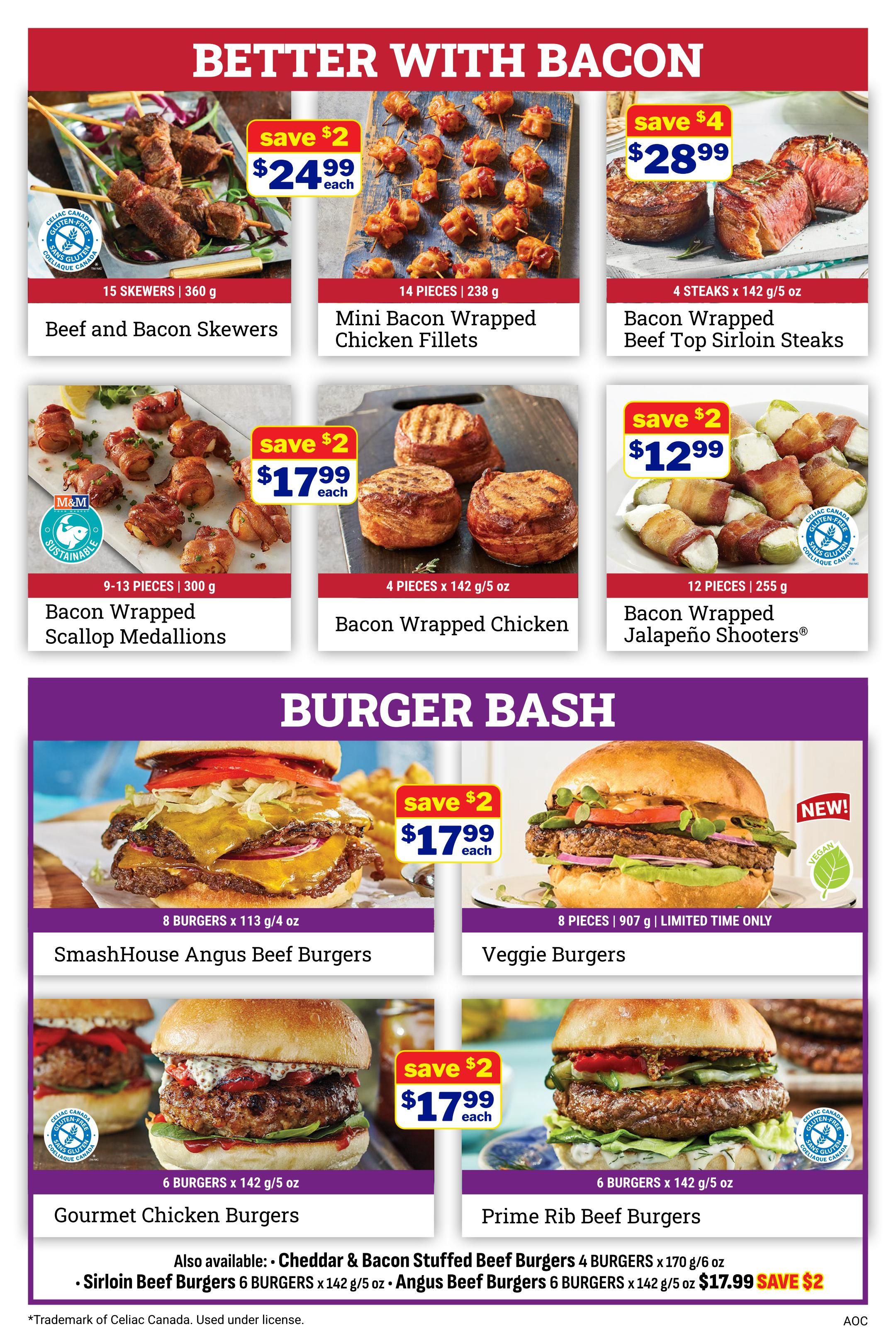 M&M Food Market flyer page 6 features 'Better with Bacon' specials including Beef and Bacon Skewers for $24.99, Mini Bacon Wrapped Chicken Fillets, and Bacon Wrapped Beef Top Sirloin Steaks for $28.99 (save $4). Also available are Bacon Wrapped Scallop Medallions for $17.99 (save $2), Bacon Wrapped Chicken for $17.99 (save $2), and Bacon Wrapped Jalapeño Shooters for $12.99 (save $2). The 'Burger Bash' section includes SmashHouse Angus Beef Burgers for $17.99 (save $2), Veggie Burgers (limited time only), Gourmet Chicken Burgers for $17.99 (save $2), and Prime Rib Beef Burgers for $17.99 (save $2). Additional burger options include Cheddar & Bacon Stuffed Beef Burgers and Sirloin Beef Burgers, with a special offer of $17.99 for 6 Angus Beef Burgers, save $2.