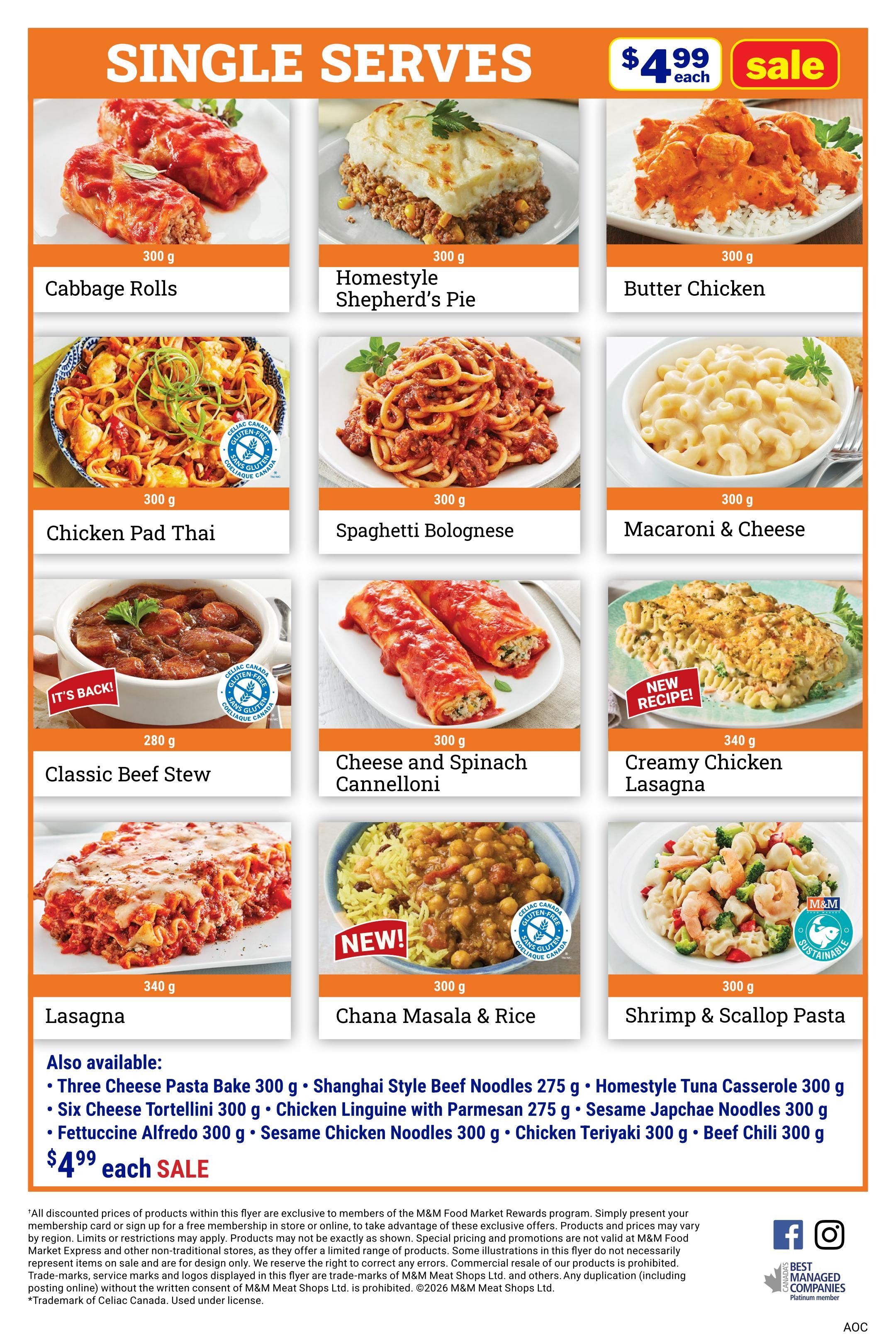M&M Food Market weekly flyer specials page 8 features 'Single Serves' with many meals priced at $4.99 each. Pictured are Cabbage Rolls (300 g), Homestyle Shepherd's Pie (300 g), Butter Chicken (300 g), Chicken Pad Thai (300 g), Spaghetti Bolognese (300 g), Macaroni & Cheese (300 g), Classic Beef Stew (280 g), Cheese and Spinach Cannelloni (300 g), and Creamy Chicken Lasagna (340 g). Also available are Lasagna (340 g), Chana Masala & Rice (300 g), and Shrimp & Scallop Pasta (300 g). Additional single-serve options include Three Cheese Pasta Bake (300 g), Shanghai Style Beef Noodles (275 g), Six Cheese Tortellini (300 g), Chicken Linguine with Parmesan (275 g), Fettuccine Alfredo (300 g), Sesame Chicken Noodles (300 g), Chicken Teriyaki (300 g), and Beef Chili (300 g). All are on sale for $4.99 each.