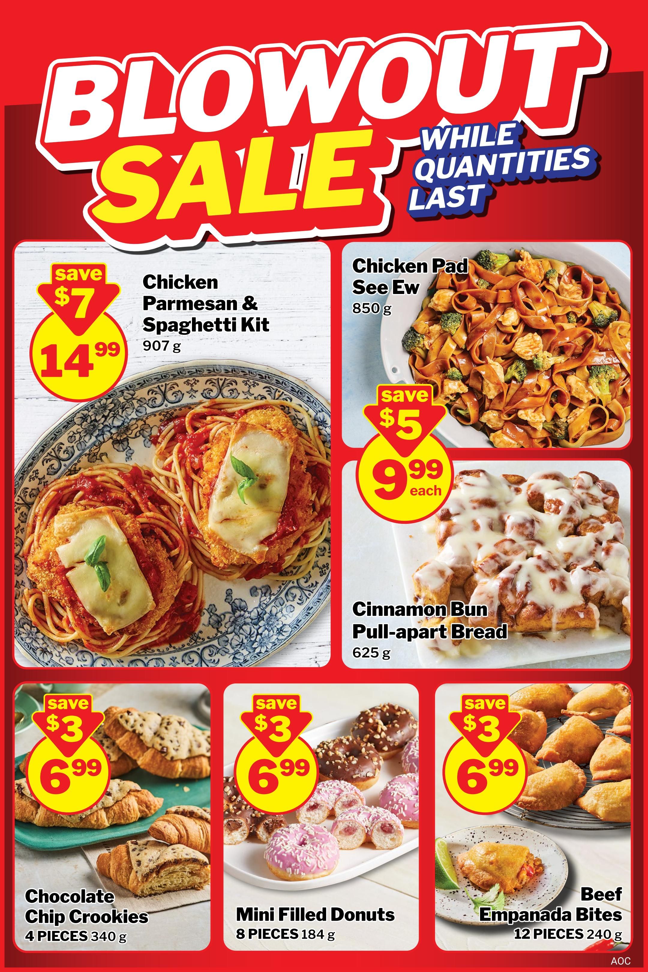 M&M Food Market Blowout Sale page 9 features a variety of frozen food deals. Highlighted items include Chicken Parmesan & Spaghetti Kit for $14.99 (save $7), Chicken Pad See Ew for $9.99 each (save $5), and Cinnamon Bun Pull-apart Bread for $9.99 each. Also on sale are Chocolate Chip Croookies, 4 pieces for $6.99 (save $3), Mini Filled Donuts, 8 pieces for $6.99 (save $3), and Beef Empanada Bites, 12 pieces for $6.99 (save $3). All offers are available while quantities last.