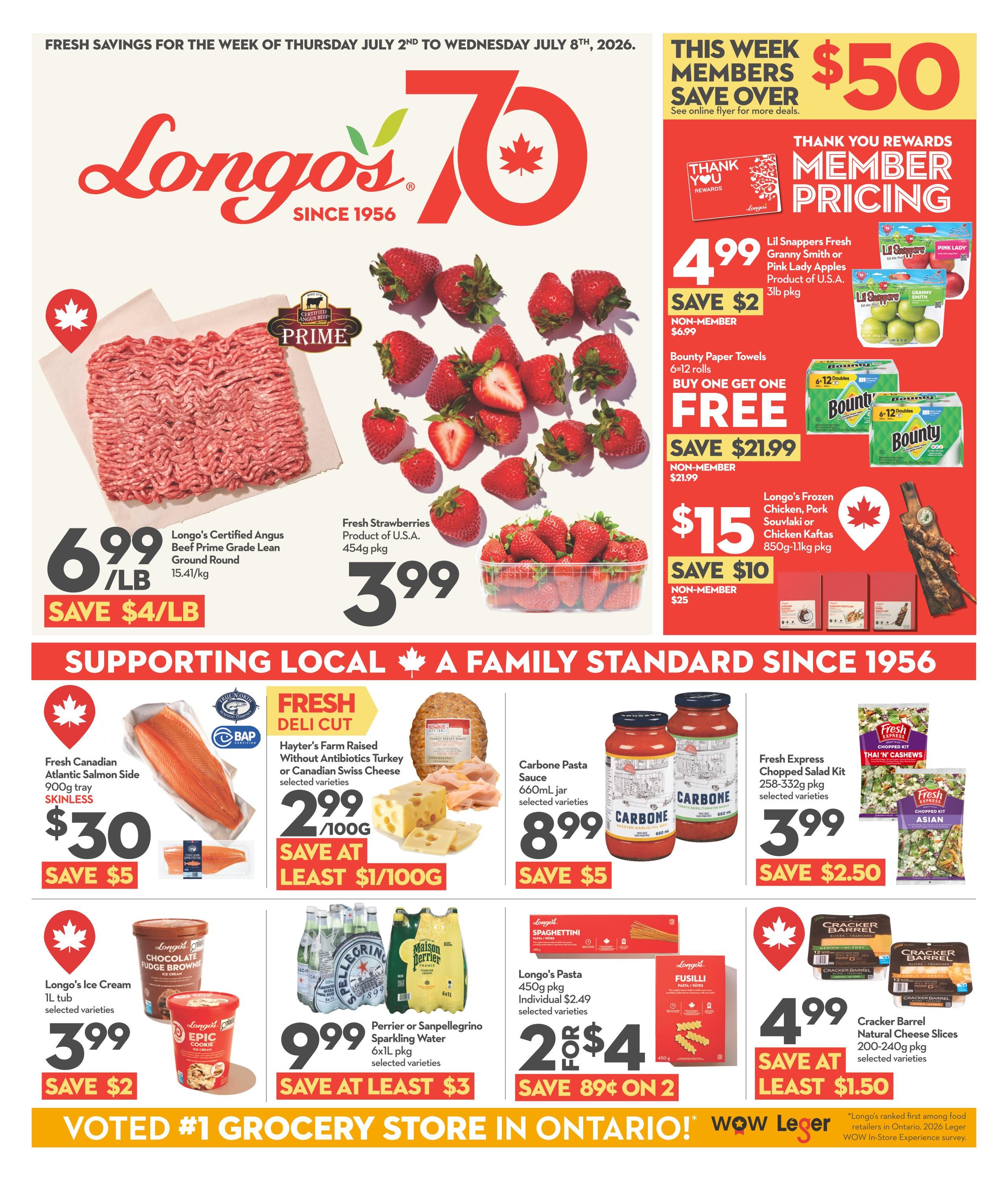 Longo's weekly flyer specials, valid July 2nd to July 8th, 2026. This week members save over $50. Featured items include Longo's Certified Angus Beef Prime Grade Lean Ground Round for $6.99/lb, saving $4/lb. Fresh Strawberries, 454g pkg, are $3.99. Lil Snappers Fresh Granny Smith or Pink Lady Apples, 3lb pkg, are $4.99 with member pricing, saving $2. Bounty Paper Towels, 6-12 rolls, are Buy One Get One Free, saving $21.99. Longo's Frozen Chicken, Pork Souvlaki or Chicken Kaftas, 850g-1.1kg pkg, are $15, saving $10. Fresh Canadian Atlantic Salmon Side, 900g tray skinless, is $30, saving $5. Hayter's Farm Raised Without Antibiotics Turkey or Canadian Swiss Cheese, selected varieties, are $2.99/100g, saving at least $1/100g. Carbone Pasta Sauce, 660mL jar, selected varieties, is $8.99, saving $5. Fresh Express Chopped Salad Kit, 258-332g pkg, selected varieties, is $3.99, saving $2.50. Longo's Ice Cream, 1L tub, selected varieties, is $3.99, saving $2. Perrier or Sanpellegrino Sparkling Water, 6x1L pkg, selected varieties, is $9.99, saving at least $3. Longo's Pasta, 450g pkg, individual $2.49, selected varieties, are 2 for $4, saving 89 cents on 2. Cracker Barrel Natural Cheese Slices, 200-240g pkg, selected varieties, are $4.99, saving at least $1.50. Longo's celebrates 70 years since 1956. The flyer also highlights 'Supporting Local, A Family Standard Since 1956' and 'Voted #1 Grocery Store in Ontario!