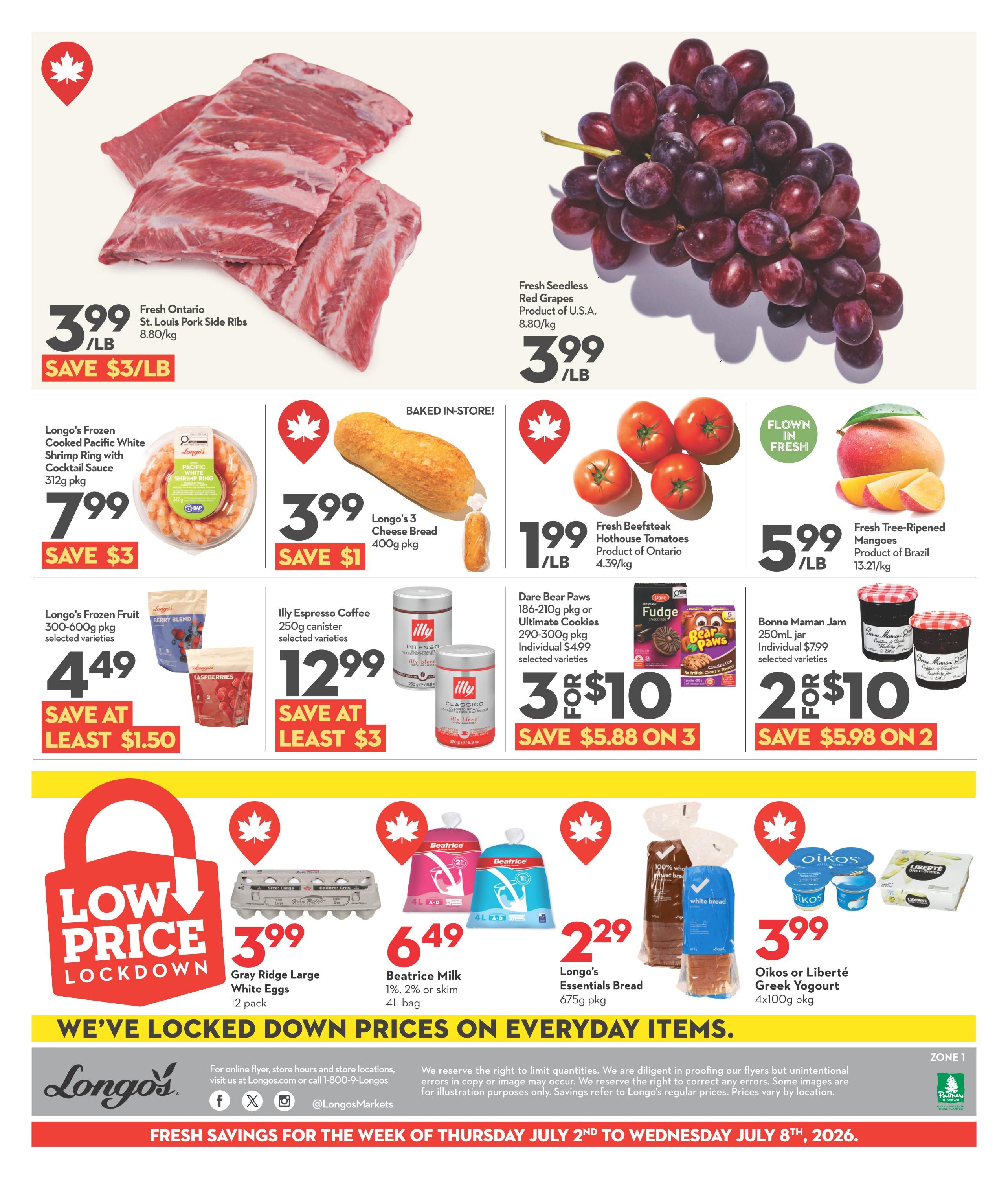 Longo's Weekly Flyer Specials, Page 2. Featured items include Fresh Ontario St. Louis Pork Side Ribs for $3.99/lb, saving $3/lb. Fresh Seedless Red Grapes from the U.S.A. are $3.99/lb. Longo's Frozen Cooked Pacific White Shrimp Ring with Cocktail Sauce (312g pkg) is $7.99, saving $3. Longo's 3 Cheese Bread (400g pkg) is $3.99, saving $1. Fresh Beefsteak Hothouse Tomatoes from Ontario are $1.99/lb. Fresh Tree-Ripened Mangoes from Brazil are $5.99/lb. Longo's Frozen Fruit (300-600g pkg, selected varieties) is $4.49, saving at least $1.50. Illy Espresso Coffee (250g canister, selected varieties) is $12.99, saving at least $3. Dare Bear Paws 186-210g pkg or Ultimate Cookies 290-300g pkg are 3 for $10, saving $5.88 on 3. Bonne Maman Jam (250mL jar, selected varieties) is 2 for $10, saving $5.98 on 2. Low Price Lockdown deals include Gray Ridge Large White Eggs (12 pack) for $3.99, Beatrice Milk (1%, 2% or skim, 4L bag) for $6.49, Longo's Essentials Bread (675g pkg) for $2.29, and Oikos or Liberté Greek Yogurt (4x100g pkg) for $3.99. We've locked down prices on everyday items. Fresh savings for the week of Thursday July 2nd to Wednesday July 8th, 2026.