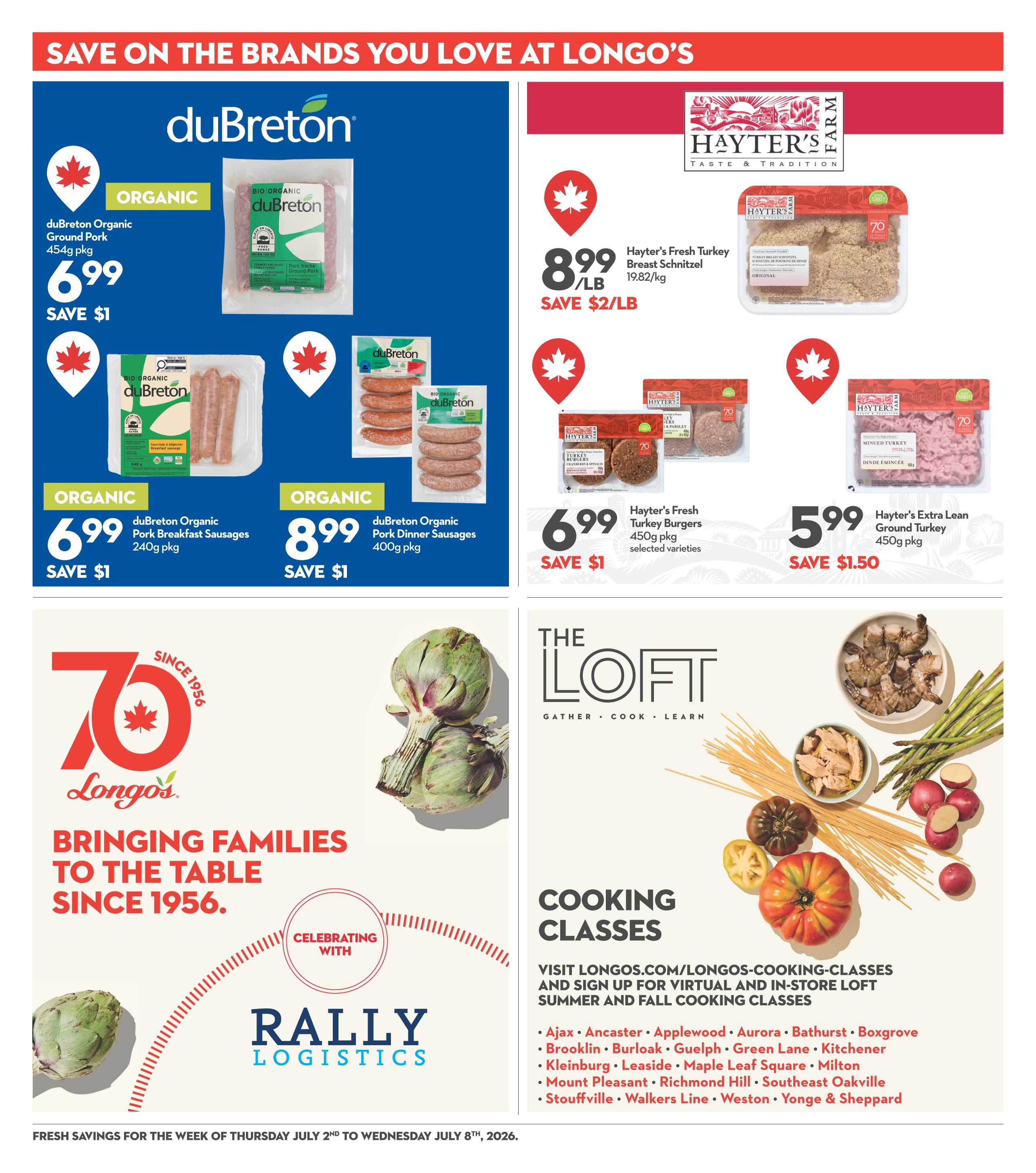 Longo's Weekly Flyer Specials page 20 features organic duBreton products including duBreton Organic Ground Pork 454g pkg for $6.99, save $1; duBreton Organic Pork Breakfast Sausages 240g pkg for $6.99, save $1; and duBreton Organic Pork Dinner Sausages 400g pkg for $8.99, save $1. Also featured are Hayter's products: Hayter's Fresh Turkey Breast Schnitzel at $8.99/lb, save $2/lb; Hayter's Fresh Turkey Burgers 450g pkg for $6.99, save $1; and Hayter's Extra Lean Ground Turkey 450g pkg for $5.99, save $1.50. The page also highlights Longo's 'Bringing Families to the Table Since 1956' celebration and advertises virtual and in-store cooking classes at various Longo's locations. Fresh savings are valid from Thursday, July 2nd to Wednesday, July 8th, 2026.