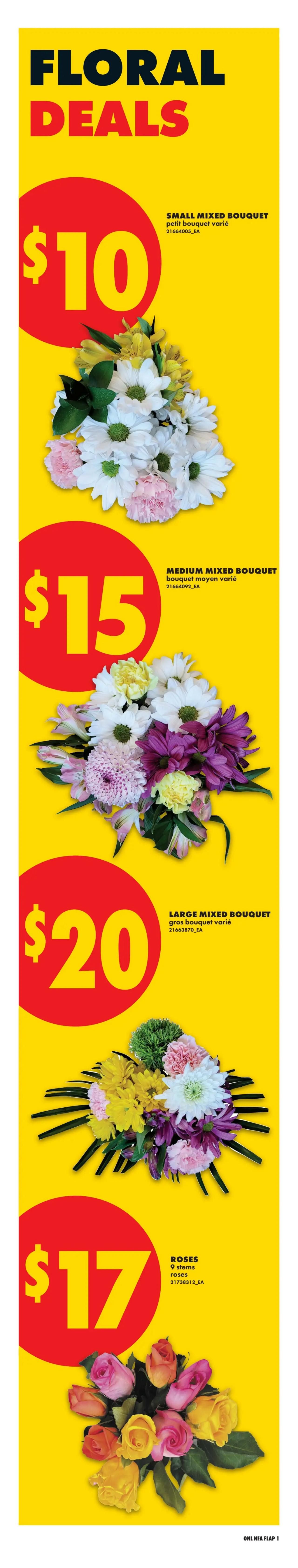 No Frills Atlantic Canada weekly flyer specials page 2 features floral deals. A small mixed bouquet is priced at $10. A medium mixed bouquet is available for $15. A large mixed bouquet is offered at $20. A bouquet of 9 roses is priced at $17.