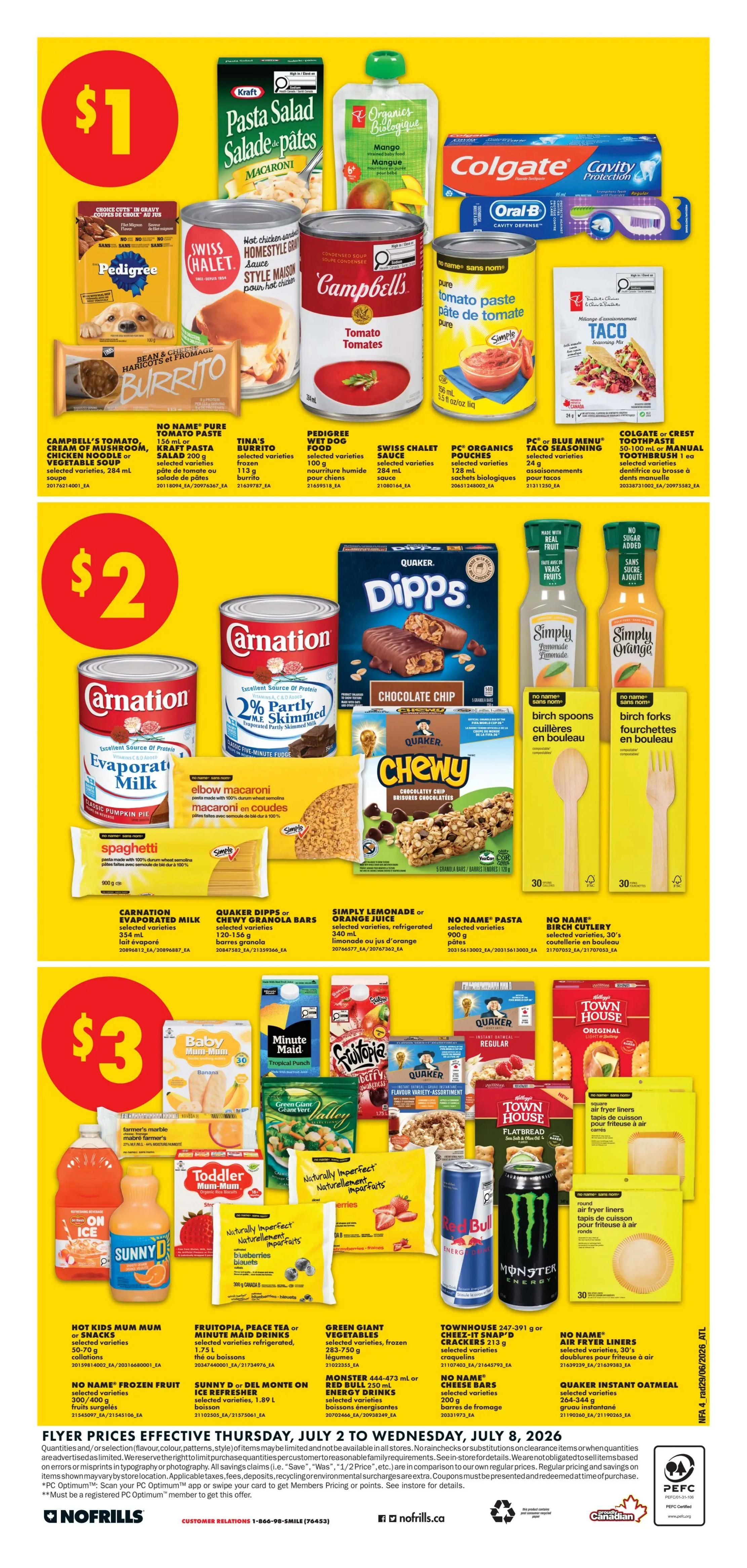 No Frills Atlantic Canada weekly flyer specials page 5. Top section features items for $1: Kraft Pasta Salad, Organics Biologique Mango pouch, Colgate Cavity Protection toothpaste, Pedigree dog food, Swiss Chalet sauce, Campbell's Tomato Soup, PC Organics pouches, PC Blue Menu taco seasoning, and Colgate or Crest manual toothbrush. Middle section features items for $2: Carnation Evaporated Milk, Quaker Dipps Chocolate Chip granola bars, Simply Lemonade or Orange Juice, and No Name pasta. Bottom section features items for $3: Hot Kids Mum Mum, Fruitopia, Minute Maid, Green Giant vegetables, Townhouse crackers, and No Name air fryer liners. Also includes Red Bull and Monster Energy drinks, and Quaker Instant Oatmeal. Flyer valid July 2, 2026 to July 8, 2026.
