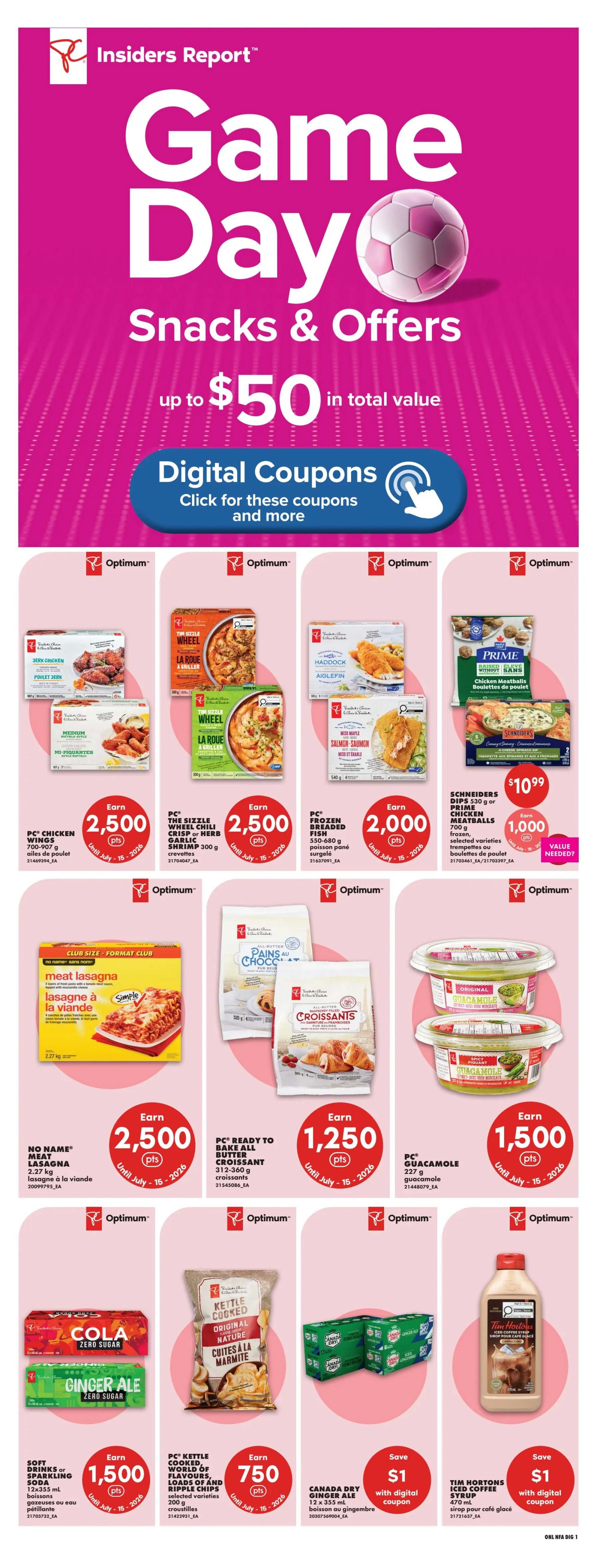 No Frills Atlantic Canada weekly flyer specials page 11 features 'Game Day Snacks & Offers' with up to $50 in total value and digital coupons. Featured products include PC Chicken Wings, PC The Sizzle Wheel Chili Crisp or Herb Garlic Shrimp, PC Frozen Breaded Fish, and Schneiders Dips or Prime Chicken Meatballs for $10.99. Also available are No Name Meat Lasagna, PC Ready to Bake All Butter Croissants, and PC Guacamole. Soft Drinks or Sparkling Soda (Cola Zero Sugar, Ginger Ale Zero Sugar) and PC Kettle Cooked Chips (Original, Nature) are also on offer. Save $1 with a digital coupon on Canada Dry Ginger Ale and Tim Hortons Iced Coffee Syrup. Many offers include earning Optimum points.