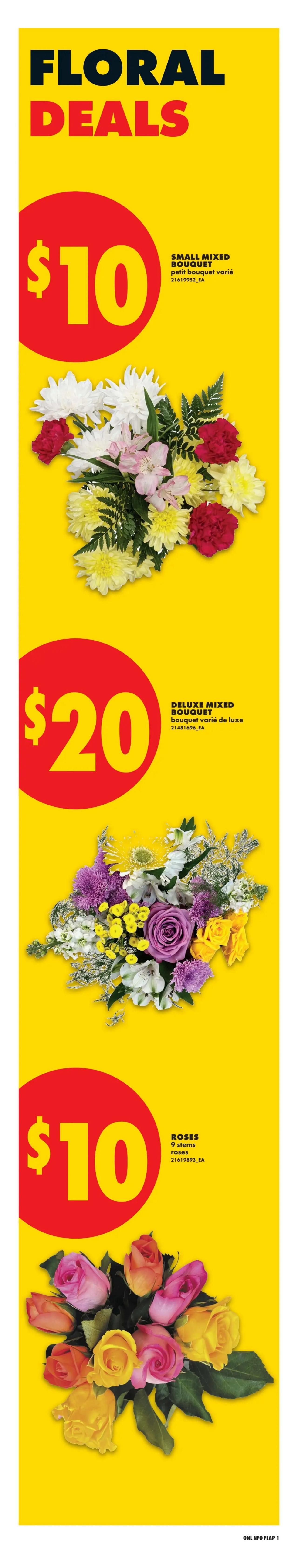 No Frills Ontario flyer page 2 features floral deals. A small mixed bouquet is priced at $10. A deluxe mixed bouquet is available for $20. A bouquet of 9 stems of roses is also $10.
