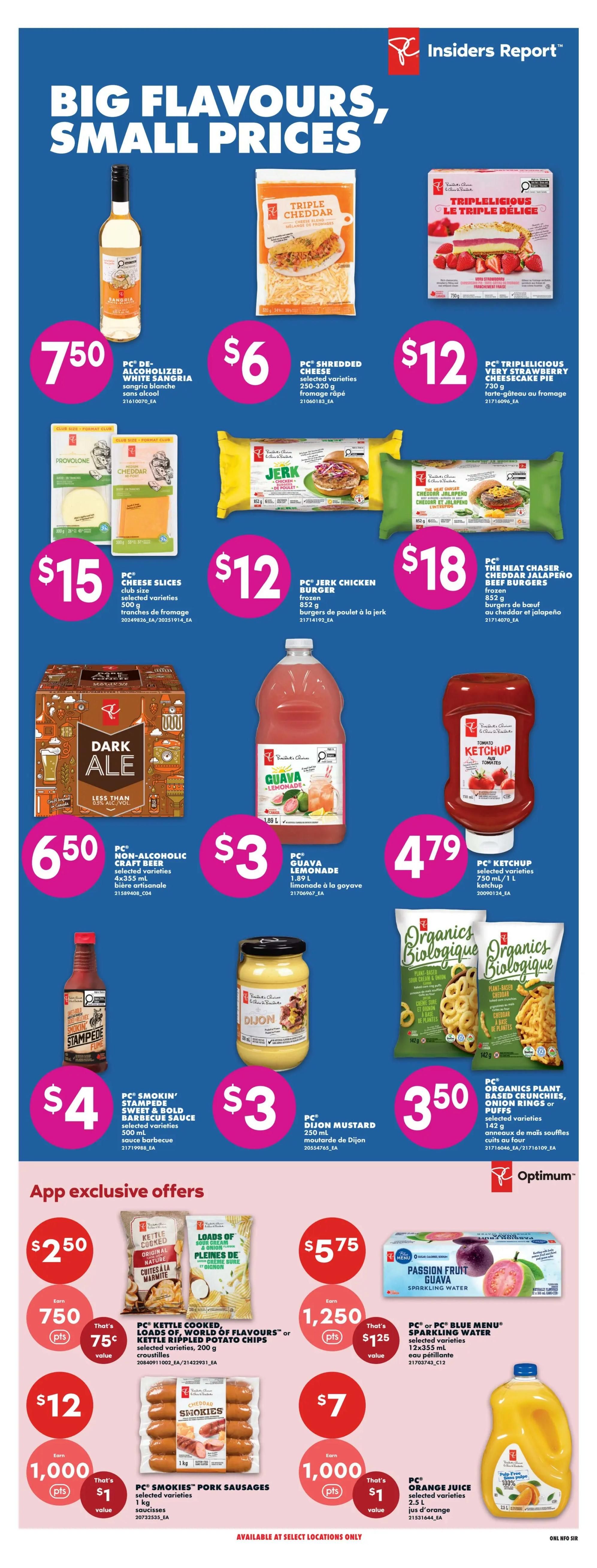 No Frills weekly flyer specials page 11 features 'Big Flavours, Small Prices'. Top row includes PC De-Alcoholized White Sangria for $7.50, PC Shredded Cheese for $6, and PC Triplelicious Very Strawberry Cheesecake Pie for $12. Middle row offers PC Cheese Slices for $15, PC Jerk Chicken Burgers for $12, and PC The Heat Chaser Cheddar Jalapeño Beef Burgers for $18. Bottom row showcases PC Non-Alcoholic Craft Beer for $6.50, PC Guava Lemonade for $3, PC Ketchup for $4.79, PC Smokin' Stampede Sweet & Bold Barbecue Sauce for $4, PC Dijon Mustard for $3, and PC Organics Plant Based Crunchies, Onion Rings or Puffs for $3.50. App exclusive offers include PC Kettle Cooked, Loads of Flavours Potato Chips for $2.50 (earn 750 pts, value $0.75), PC Smokiess Pork Sausages for $12 (earn 1000 pts, value $1), PC or PC Blue Menu Sparkling Water for $5.75 (earn 1250 pts, value $1.25), and PC Orange Juice for $7 (earn 1000 pts, value $1).