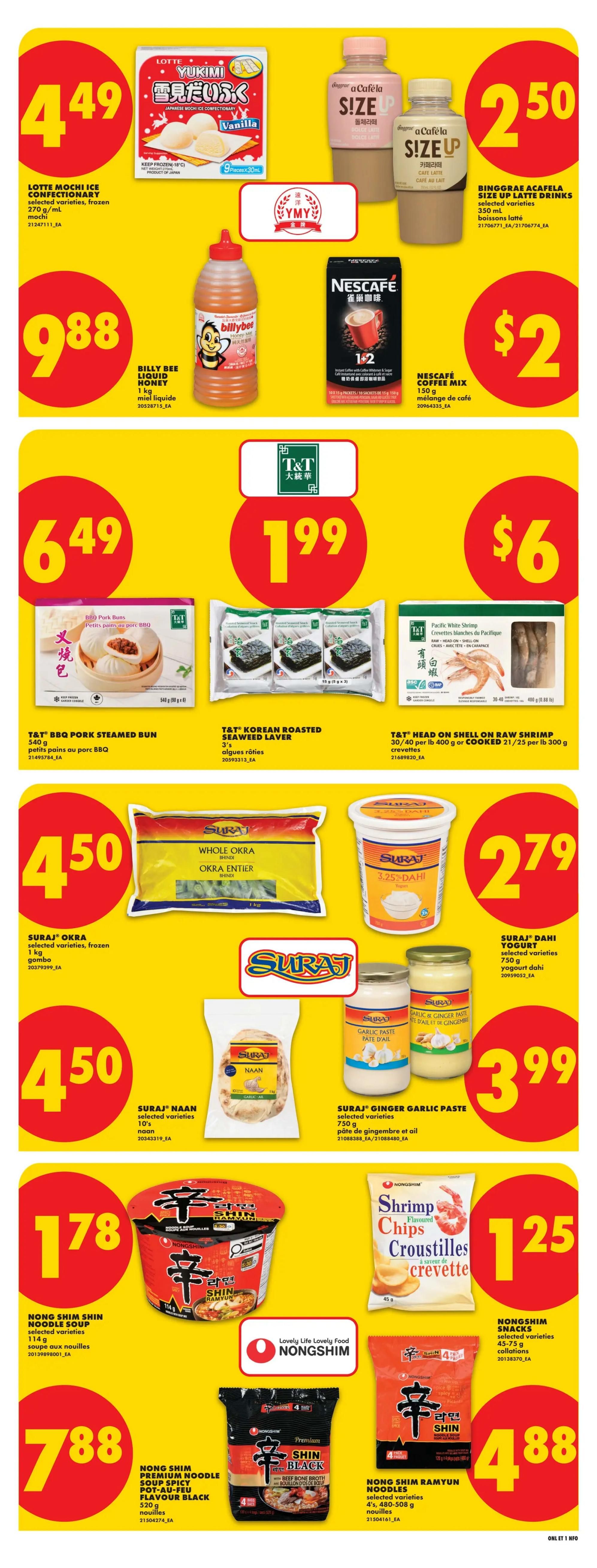 No Frills weekly flyer specials page 14 featuring Lotte Mochi Ice Confectionary for $4.49, Binggrae AcaFela Size Up Latte Drinks for $2.50, Billy Bee Liquid Honey for $0.88, and Nescafé Coffee Mix for $2. Also featured are T&T BBQ Pork Steamed Buns for $6.49, T&T Korean Roasted Seaweed Laver for $1.99, and T&T Head on Shell on Raw Shrimp for $6. Suraj Okra is available for $4.50, Suraj Naan for $4.50, Suraj Dahi Yogurt for $2.79, and Suraj Ginger Garlic Paste for $3.99. Nong Shim Shin Ramyun Noodle Soup is $1.78, Nong Shim Premium Noodle Soup Pot-au-feu Flavour Black is $7.88, Nongshim Snacks are $1.25, and Nong Shim Shin Ramyun Noodles are $4.88.