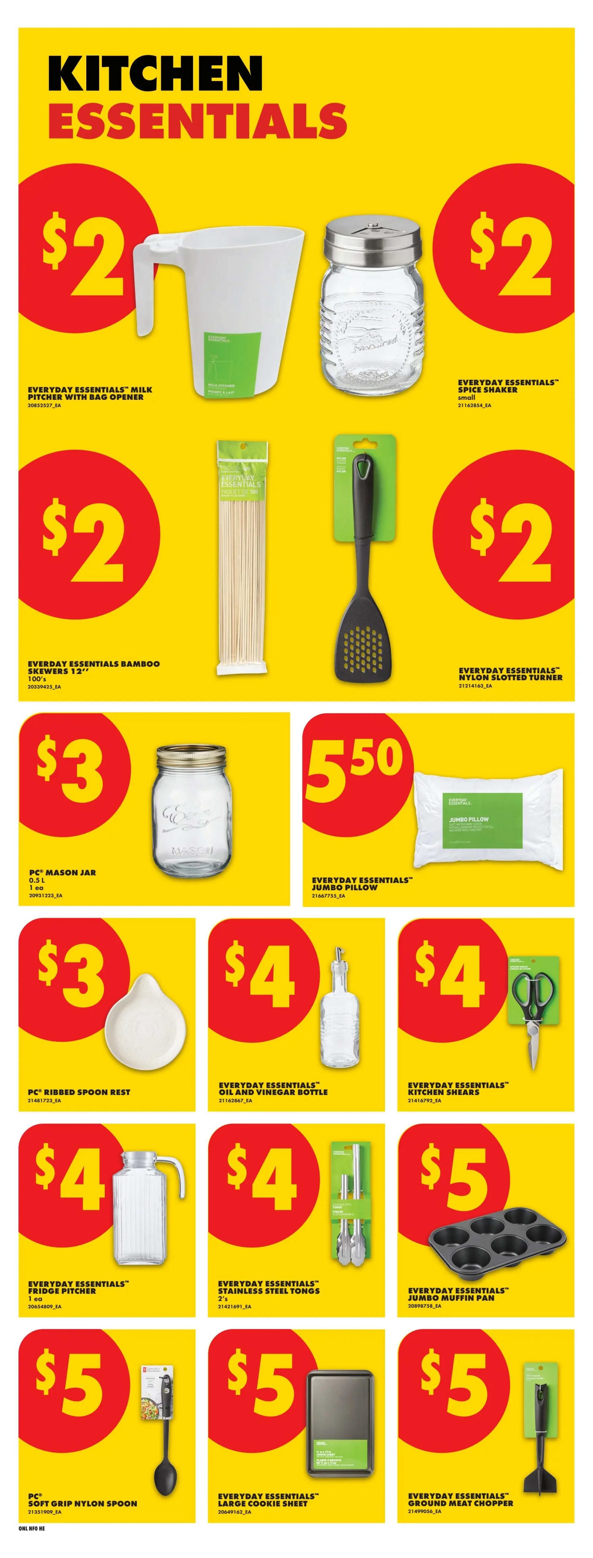 No Frills weekly flyer specials page 16 features kitchen essentials. Items on sale include Everyday Essentials Milk Pitcher with Bag Opener for $2, Everyday Essentials Bamboo Skewers 12' (100's) for $2, and Everyday Essentials Nylon Slotted Turner for $2. Also available are PC Mason Jar 0.5L for $3, PC Ribbed Spoon Rest for $3, Everyday Essentials Jumbo Pillow for $5.50, Everyday Essentials Oil and Vinegar Bottle for $4, Everyday Essentials Kitchen Shears for $4, Everyday Essentials Fridge Pitcher for $4, Everyday Essentials Stainless Steel Tongs (2's) for $4, Everyday Essentials Jumbo Muffin Pan for $5, PC Soft Grip Nylon Spoon for $5, Everyday Essentials Large Cookie Sheet for $5, and Everyday Essentials Ground Meat Chopper for $5.