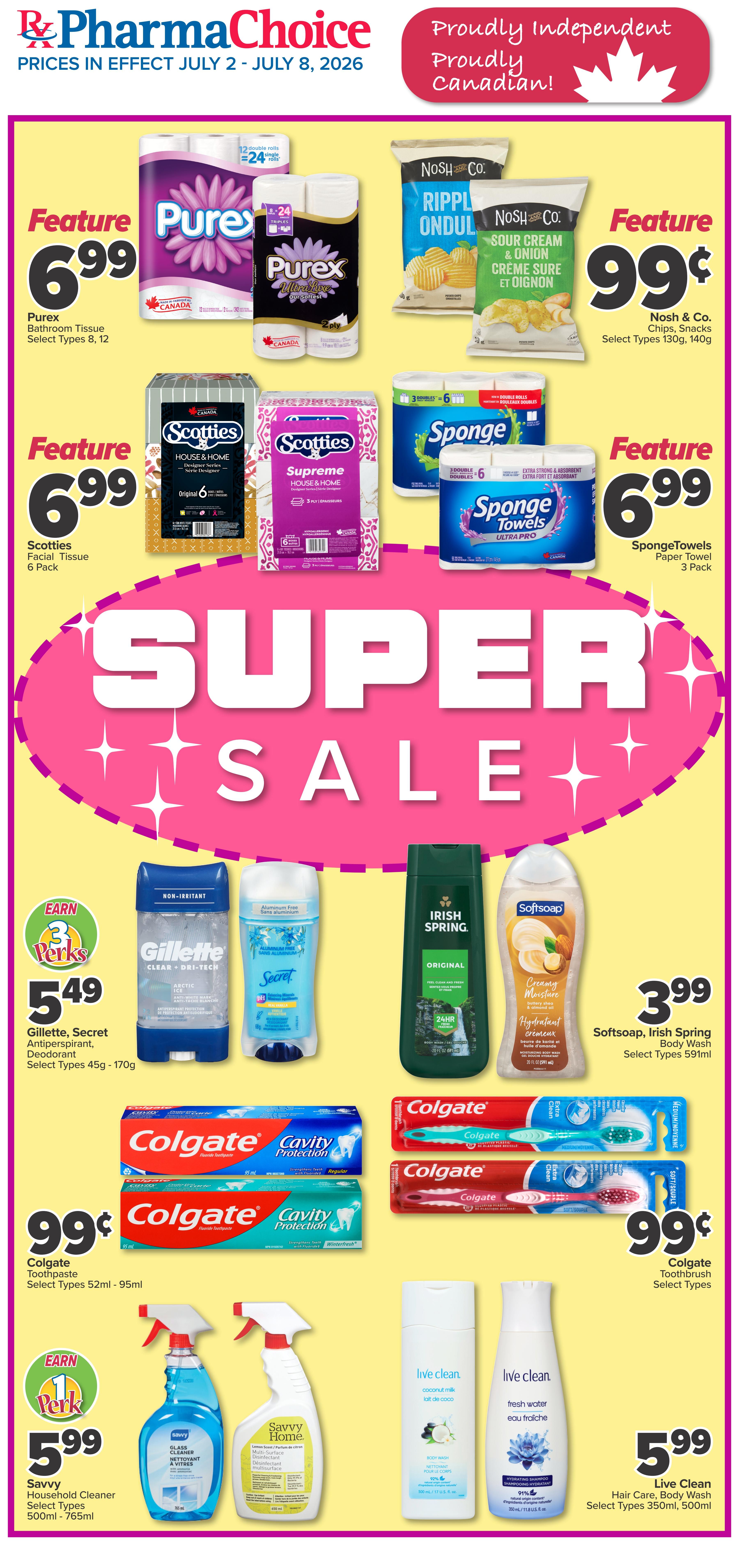 PharmaChoice Weekly Flyer Specials for Ontario and Atlantic, valid July 2 to July 8, 2026. Page 1 features a Super Sale with Purex Bathroom Tissue 8 or 12 rolls for $6.99. Nosh & Co. Chips and Snacks, select types 130g-140g, are featured at $0.99. Scotties Facial Tissue 6 pack is $6.99. SpongeTowels Paper Towel 3 pack is $6.99. Also on sale are Gillette and Secret Antiperspirant/Deodorant, select types 45g-170g, for $5.49, with an offer to earn 3 Perks. Irish Spring Body Wash and Softsoap Body Wash, select types 591ml, are $3.99. Colgate Toothpaste, select types 52ml-95ml, is $0.99. Colgate Toothbrushes, select types, are $0.99. Savvy Household Cleaner, select types 500ml-765ml, is $5.99, with an offer to earn 1 Perk. Live Clean Hair Care and Body Wash, select types 350ml-500ml, is $5.99.
