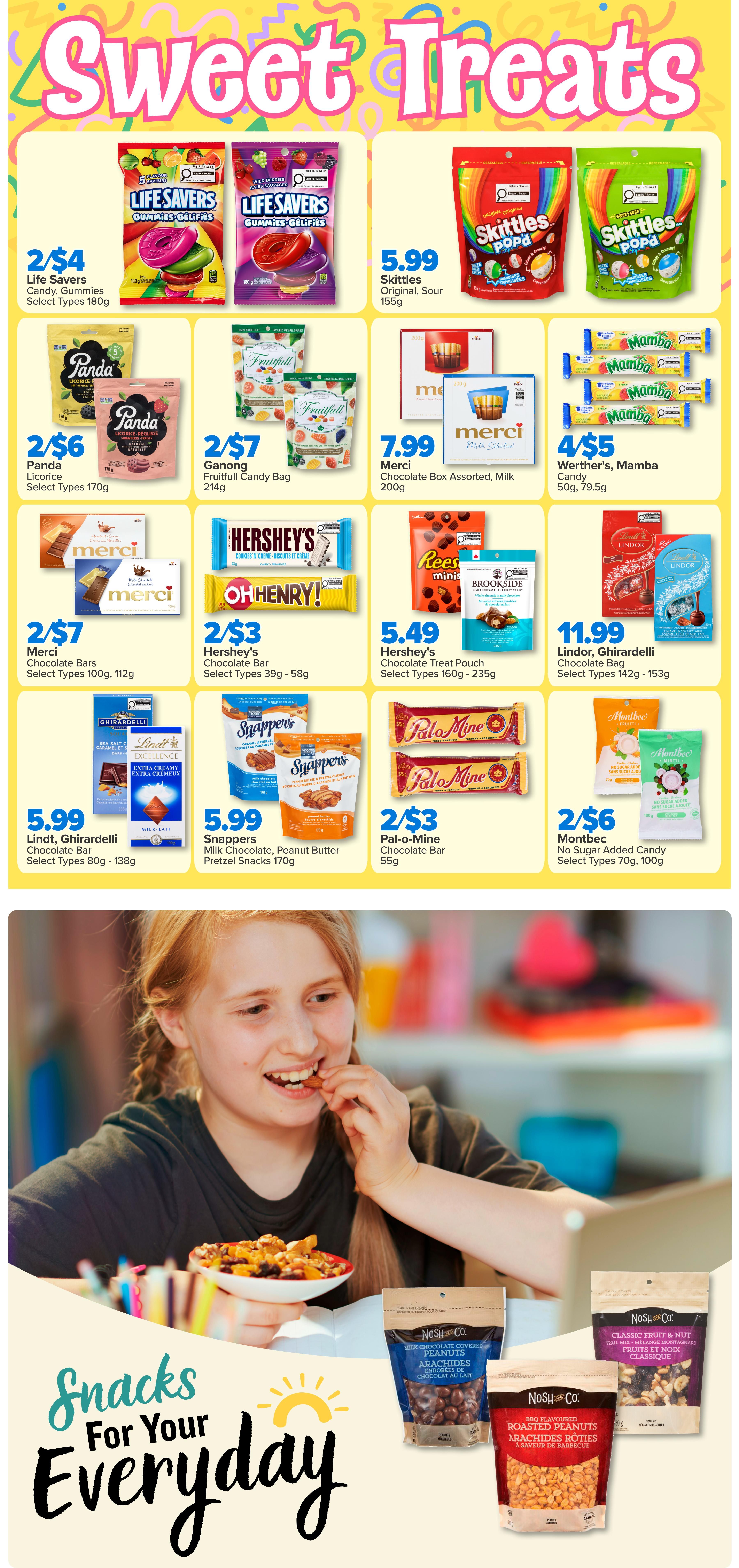 PharmaChoice flyer page 2 features a variety of sweet treats and snacks. Offers include Life Savers Gummies 2 for $4, Skittles Original Sour 155g for $5.99, Panda Licorice Select Types 170g for 2 for $6, Ganong Fruitfull Candy Bag 214g for 2 for $7, Merci Chocolate Box Assorted Milk 200g for $7.99, and Werther's Mamba Candy 50g-79.5g for 4 for $5. Also featured are Merci Chocolate Bars Select Types 100g, 112g for 2 for $7, Hershey's Chocolate Bar Cookies 'n' Creme Biscuits et Crème 39g-58g for 2 for $3, Hershey's Chocolate Treat Pouch Select Types 160g-235g for $5.49, and Lindt, Ghirardelli Chocolate Bag Select Types 142g-153g for $11.99. Additional deals include Lindt, Ghirardelli Chocolate Bar Select Types 80g-138g for $5.99, Snappers Milk Chocolate, Peanut Butter Pretzel Snacks 170g for $5.99, Pal-o-Mine Chocolate Bar 55g for 2 for $3, and Montbec No Sugar Added Candy Select Types 70g, 100g for 2 for $6. The page also highlights Nosh Co. snacks including Milk Chocolate Covered Peanuts, BBQ Flavoured Roasted Peanuts, and Classic Fruit & Nut Trail Mix.