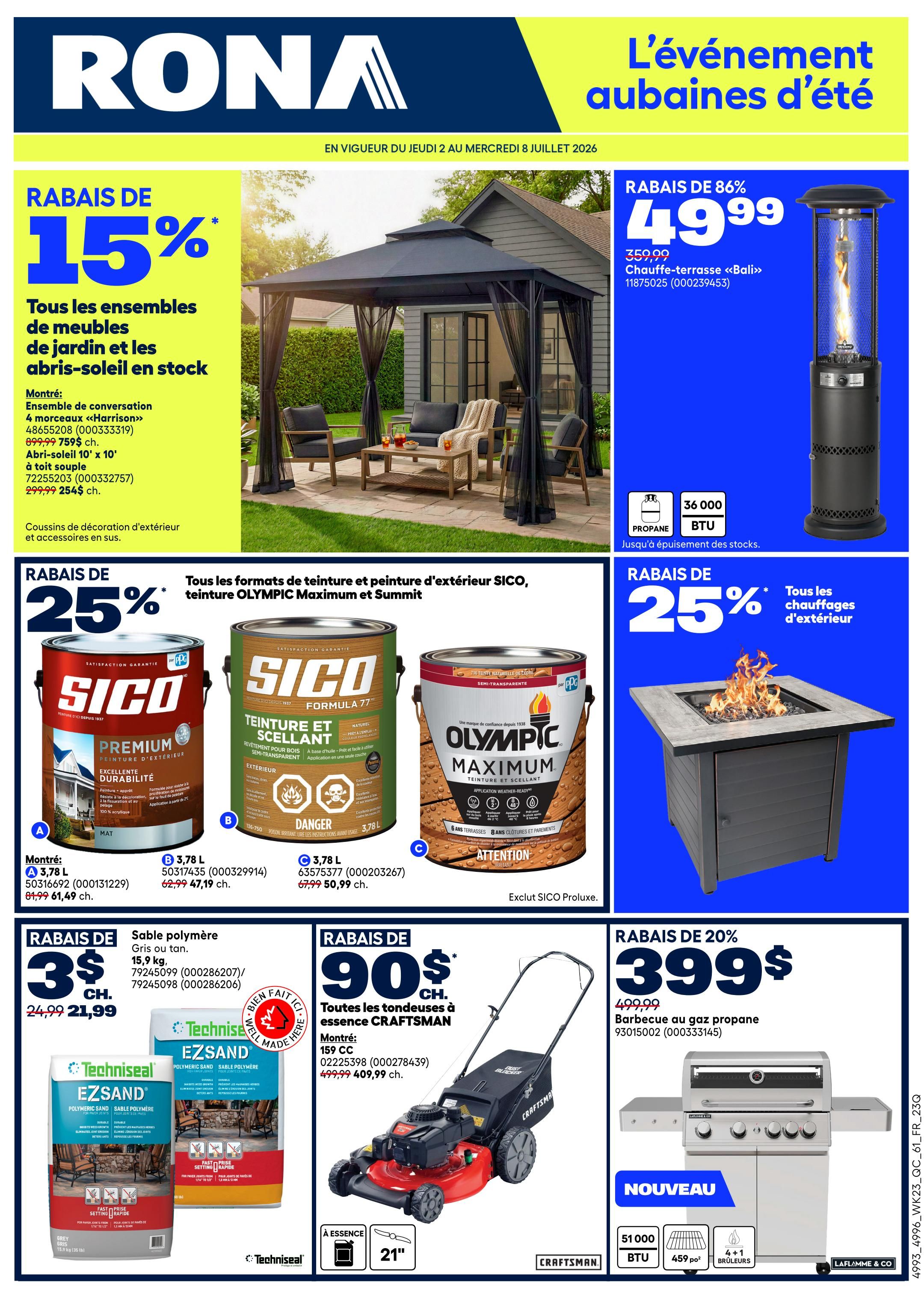 Rona flyer special: 15% off online only from Tuesday to Thursday with a purchase of $250 or more on selected products. Offer valid online only. Conditions apply. Valid from June 30 to July 2, 2026. Discount applied automatically at checkout. Applies to regular priced items before taxes.