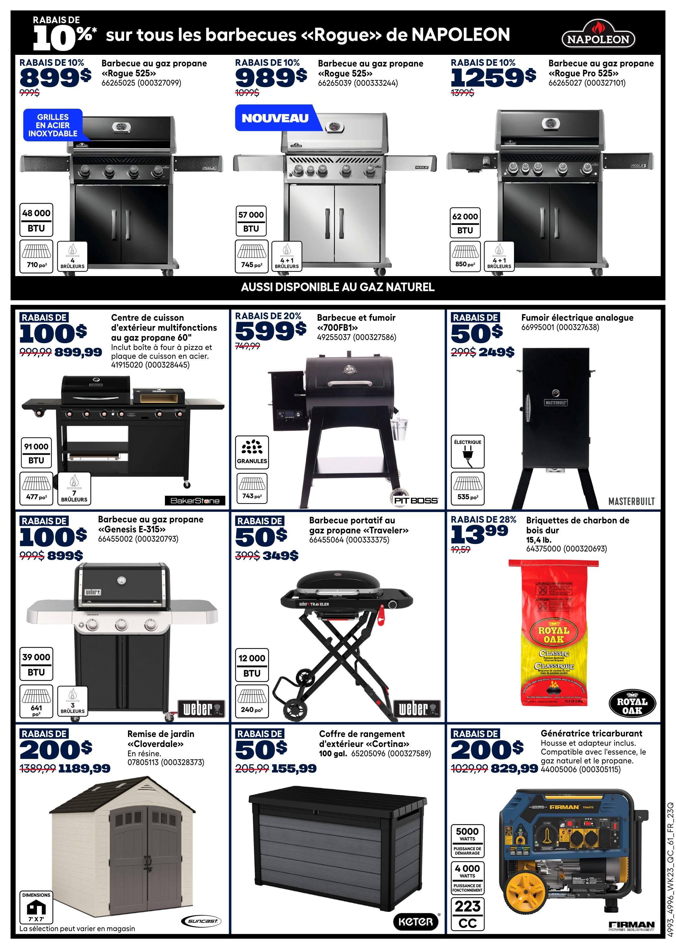 Rona Weekly Flyer Specials Page 7: Features a 10% discount on all Napoleon 'Rogue' barbecues. Napoleon 'Rogue 525' propane barbecue on sale for $899.99 (regularly $999), with 48,000 BTU and stainless steel grates. Napoleon 'Rogue 525' propane barbecue is $989.99 (regularly $1099), with 57,000 BTU and 4+1 burners. Napoleon 'Rogue Pro 525' propane barbecue is $1259.99 (regularly $1399), with 62,000 BTU and 4+1 burners. Also available for natural gas. Other featured items include a 60' outdoor multi-function propane cooking centre for $899.99 (regularly $999.99), a '700FB1' barbecue and smoker for $599.99 (regularly $749.99), and a Masterbuilt analogue electric smoker for $249.99 (regularly $299.99). Weber 'Genesis E-315' propane barbecue is $899.99 (regularly $999). A 'Traveler' portable propane barbecue is $349.99 (regularly $399.99). Royal Oak hardwood charcoal briquettes are 15.4 lb. A 'Cloverdale' resin garden shed is $1189.99 (regularly $1389.99). A 'Cortina' 100 gal. outdoor storage box is $155.99 (regularly $205.99). A Firman 5000 watt tri-fuel generator is $829.99 (regularly $1029.99), compatible with gasoline, natural gas, and propane.