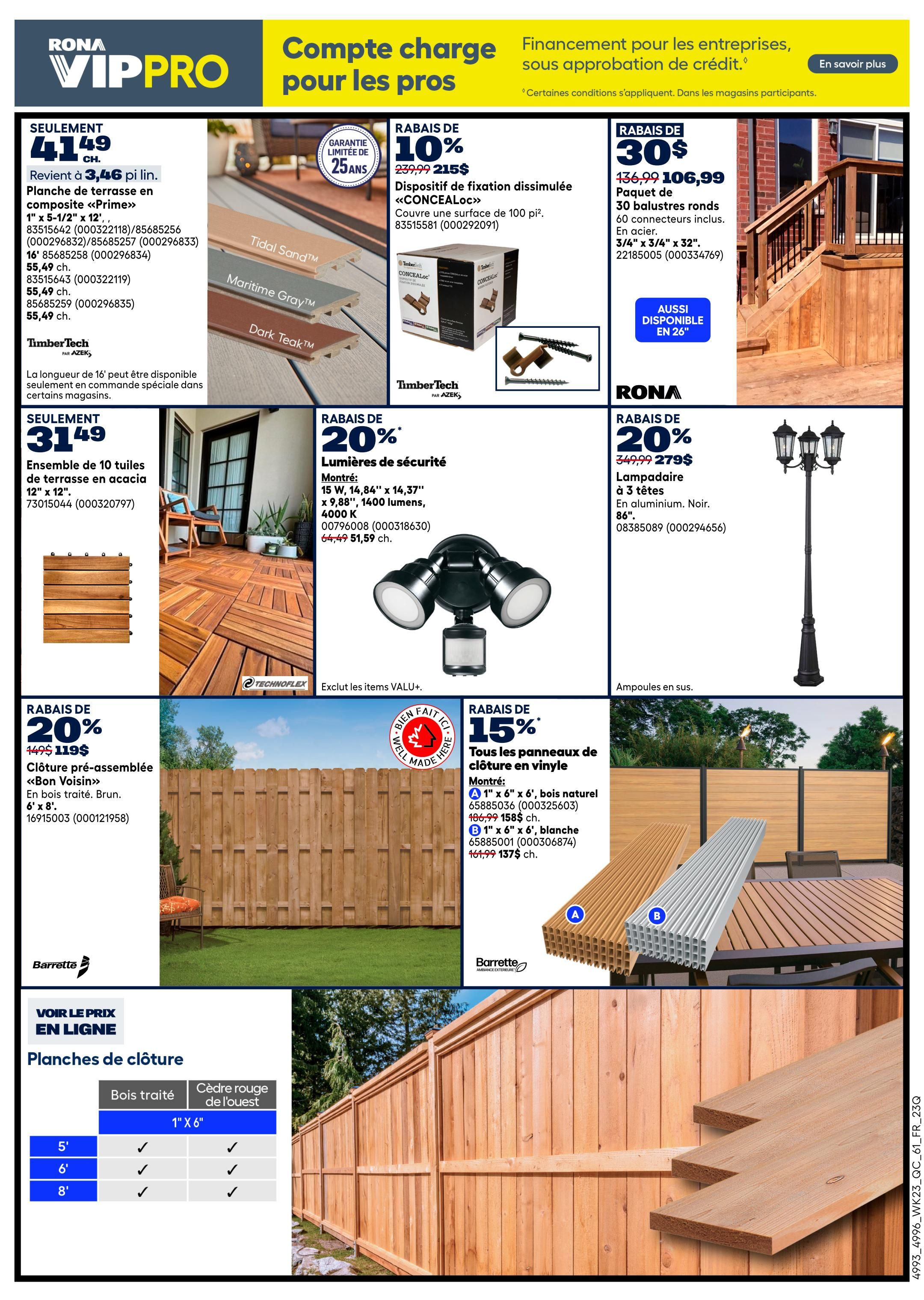 Rona VIPPro page 10 features financing for businesses. Top left: TimberTech Prime composite decking, 1' x 5-1/2' x 12', available in Tidal Sand, Maritime Gray, and Dark Teak, for $41.49 per 3.46 linear foot. Below that, a 10-tile set of acacia deck tiles, 12' x 12', for $31.49. Top right: 10% off TimberTech CONCEALoc hidden fasteners, covers 100 sq. ft. for $215. Also, 30% off a pack of 30 round balusters, 3/4' x 32', with 60 connectors, in steel, for $106.99. Middle right: Rona 20% off a 3-head aluminum outdoor lamp post in black, 86', for $279. Bottom left: 20% off 'Bon Voisin' pre-assembled fence panels in treated brown wood, 6' x 8', for $119. Bottom right: 15% off vinyl fence panels, available in natural wood colour 1' x 6' x 6' for $158, and white 1' x 6' x 6' for $137. The page also includes a chart for fence board pricing: treated wood and western red cedar boards in 1' x 6' size, available in 5', 6', and 8' lengths.