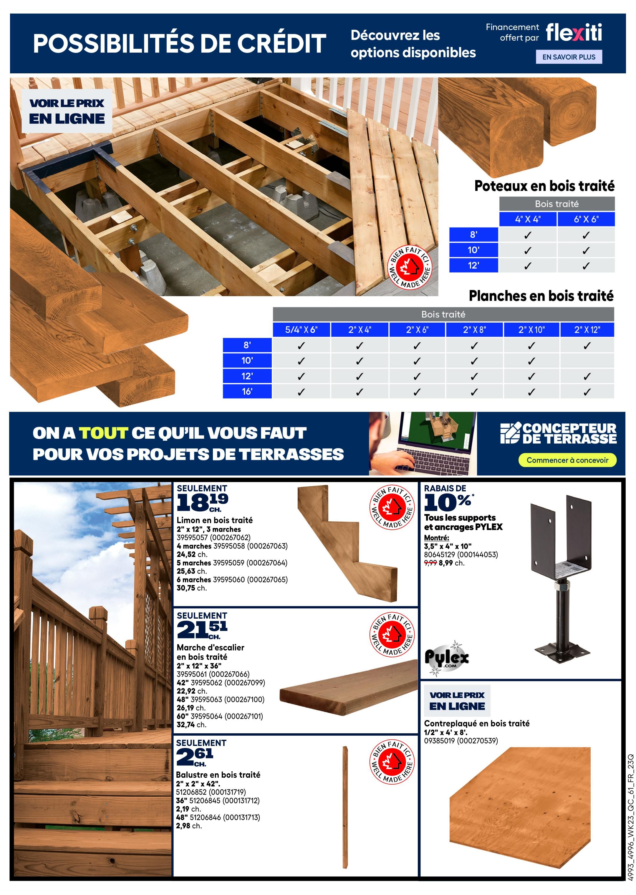 Rona weekly flyer specials page 11 features financing options and products for deck projects. It displays treated wood posts and planks with available sizes and dimensions. Featured items include treated wood lumber for $18.19, with options for 2' x 12' x 3' (39595057), 4 steps (39595058) for $24.52, 5 steps (39595059) for $25.63, and 6 steps (39595060) for $30.75. Also available are treated wood stair stringers starting at $21.51, including 2' x 12' x 36' (39595061) for $22.92, 48' (39595063) for $26.19, and 60' (39595064) for $32.74. Treated wood balusters are available starting at $2.61, including 2' x 2' x 42' (51206852) for $2.19, and 48' (51206846) for $2.98. There is a 10% discount on all PYLEX brand supports and anchors, with 3.5' x 4' x 10' supports (000144053) priced at $8.99, down from $9.99. Treated plywood 1/2' x 4' x 8' (09385019) is also shown. The page also promotes a deck designer tool.