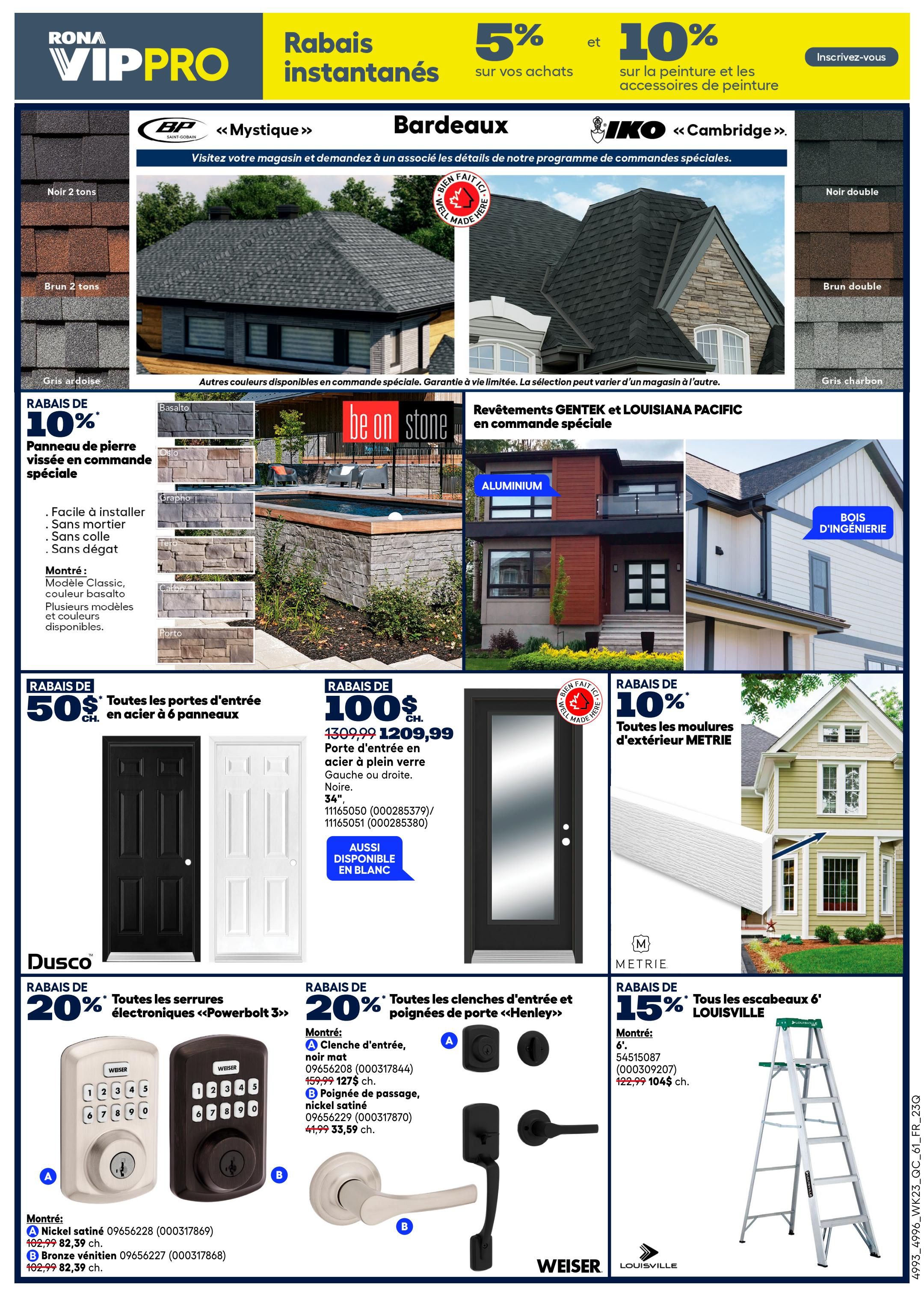 Rona VIPPRO flyer page 12 featuring instant rebates. Get 5% off your purchases and 10% off paint and painting accessories. Featured products include BP Mystique and IKO Cambridge shingles in various colours like Noir 2 tons, Brun 2 tons, and Gris ardoise. Special order siding options include Gentek and Louisiana Pacific in Aluminium and Engineered Wood. Save 10% on screw-down stone panels, easy to install and available in Classic Montré style. Also, save $50 on 6-panel steel entry doors, available in black and white. A black exterior entry door is priced at $1209.99, down from $1309.99. Save 10% on Metrie exterior mouldings. Dusco offers 20% off <<Powerbolt 3>> electronic locks, with satin nickel and venetian bronze options priced at $82.39 each, down from $102.99. Save 20% on <<Henley>> entry levers and door handles, including a matte black entry lever and a satin nickel passage knob. Finally, get 15% off Louisville 6' ladders for $104, down from $122.99.