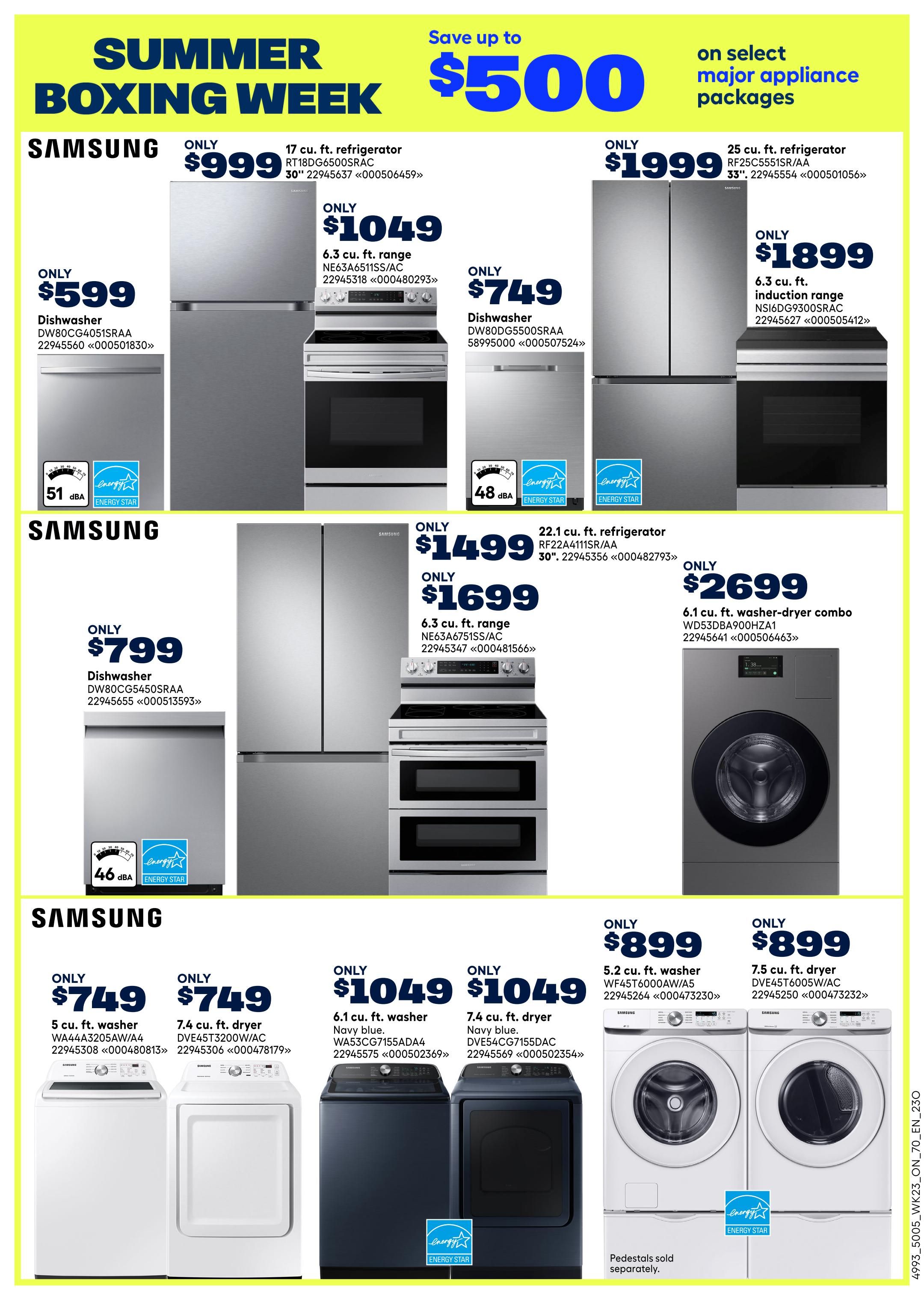 Rona Summer Boxing Week flyer page 18 featuring Samsung major appliances. Offers include a 17 cu. ft. refrigerator for $999, a 6.3 cu. ft. range for $1049, and a dishwasher for $599. Also available is a 25 cu. ft. refrigerator for $1999 and a 6.3 cu. ft. induction range for $1899. Additional deals feature a 22.1 cu. ft. refrigerator for $1499, a 6.1 cu. ft. washer-dryer combo for $2699, and a 6.3 cu. ft. range for $1699. The bottom section showcases washers and dryers: a 5 cu. ft. washer for $749, a 7.4 cu. ft. dryer for $749, a 6.1 cu. ft. washer in navy blue for $1049, a 7.4 cu. ft. dryer in navy blue for $1049, a 5.2 cu. ft. washer for $899, and a 7.5 cu. ft. dryer for $899. Pedestals are sold separately for some models.