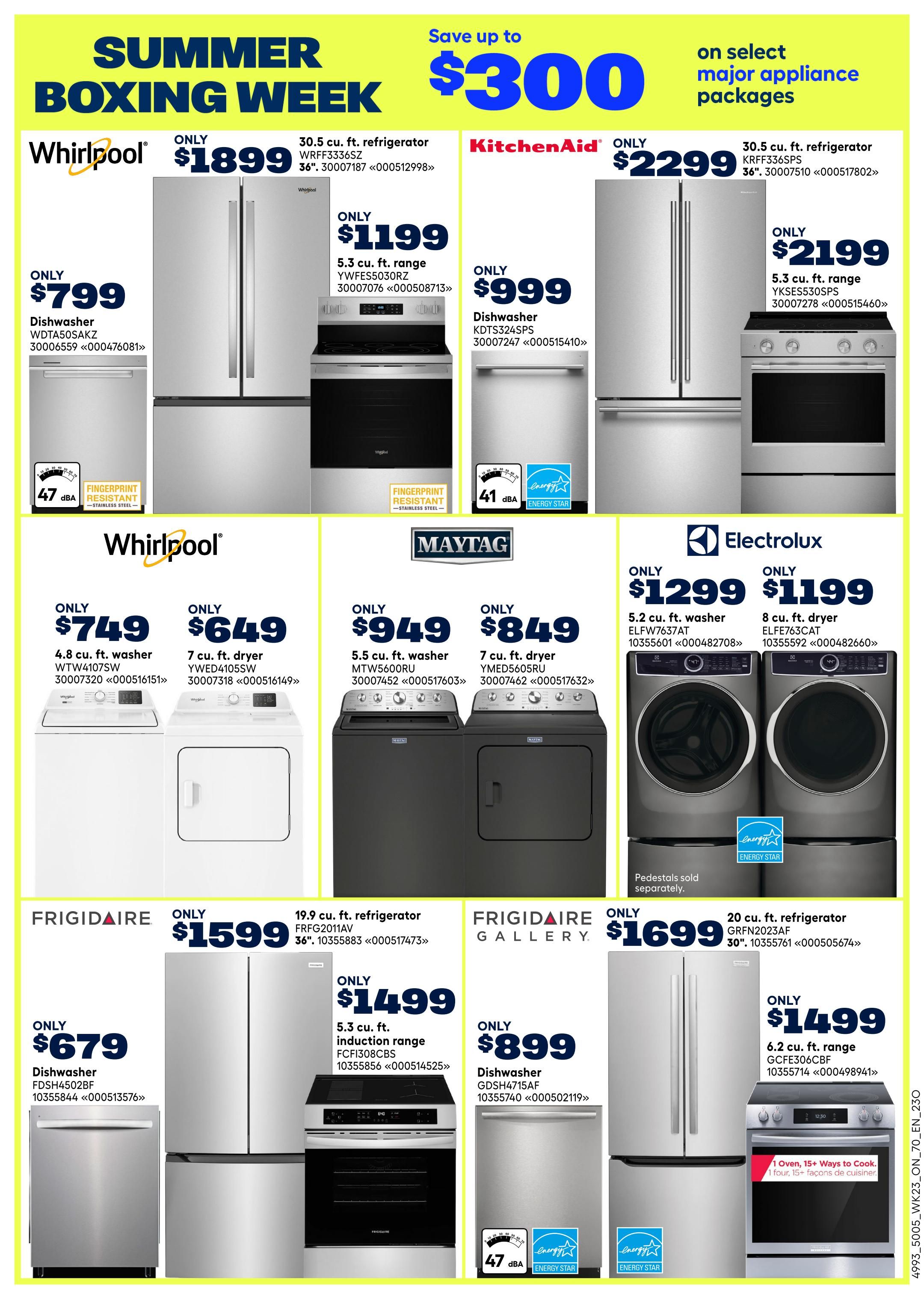 Rona Ontario flyer page 20 features Summer Boxing Week savings on major appliances. Whirlpool offers a 30.5 cu. ft. refrigerator for $1899 and a dishwasher for $799. Also featured is a Whirlpool 5.3 cu. ft. range for $1199, a 4.8 cu. ft. washer for $749, and a 7 cu. ft. dryer for $649. KitchenAid has a 30.5 cu. ft. refrigerator for $2299 and a 5.3 cu. ft. range for $2199, plus a dishwasher for $999. Maytag presents a 5.5 cu. ft. washer for $949 and a 7 cu. ft. dryer for $849. Electrolux features a 5.2 cu. ft. washer for $1299 and an 8 cu. ft. dryer for $1199. Frigidaire offers a 19.9 cu. ft. refrigerator for $1599, a 5.3 cu. ft. induction range for $1499, and a dishwasher for $679. Frigidaire Gallery includes a 20 cu. ft. refrigerator for $1699, a 6.2 cu. ft. range for $1499, and a dishwasher for $899. Save up to $300 on select major appliance packages.