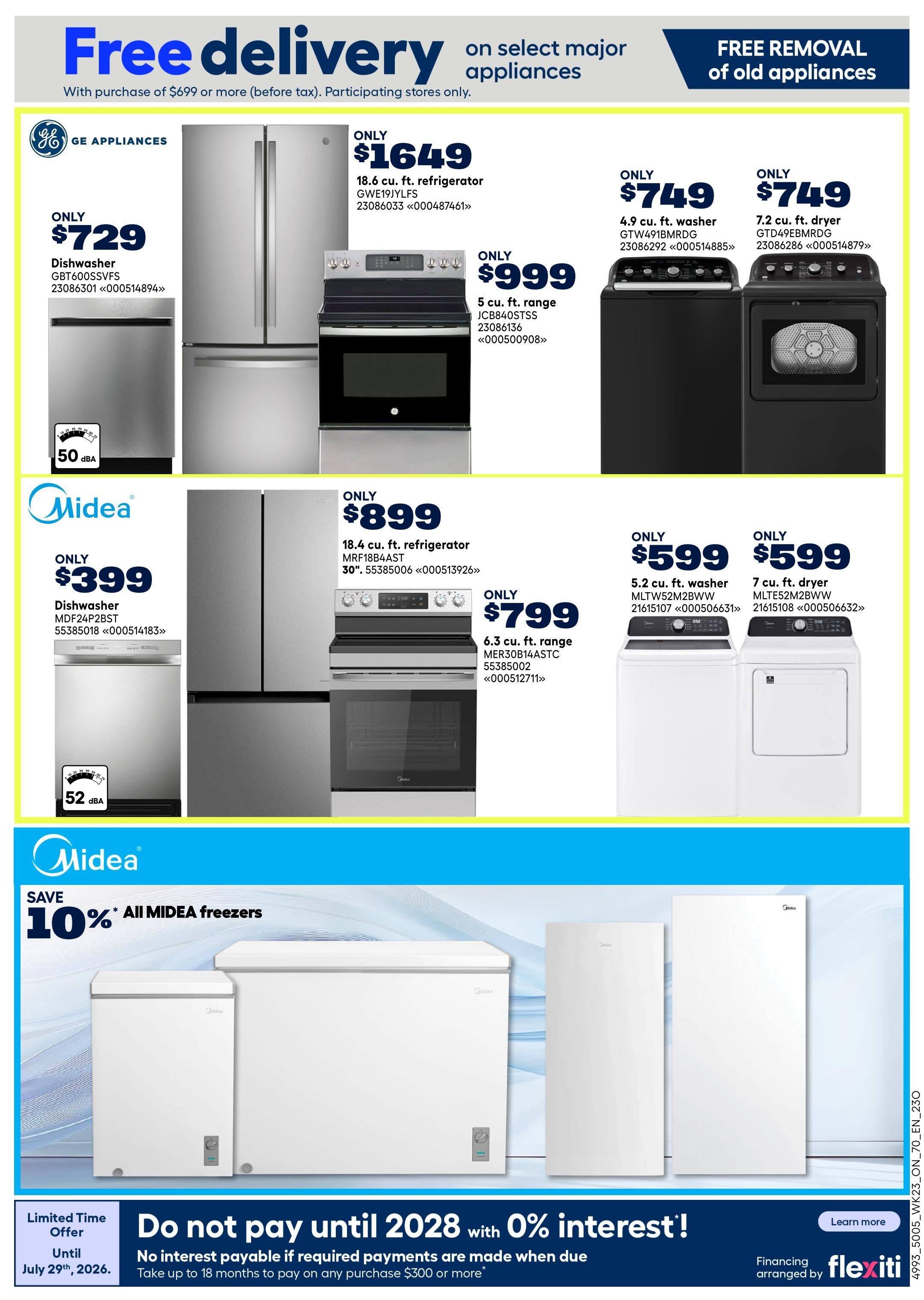 Rona Ontario Weekly Flyer Specials Page 21 features free delivery on select major appliances with a purchase of $699 or more, and free removal of old appliances. GE Appliances include an 18.6 cu. ft. refrigerator for $1649, a 4.9 cu. ft. washer for $749, and a 7.2 cu. ft. dryer for $749. Also featured is a dishwasher for $729 with 50 dBA, and a 5 cu. ft. range for $999. Midea appliances include an 18.4 cu. ft. refrigerator for $899, a 6.3 cu. ft. range for $799, and a dishwasher for $399 with 52 dBA. Additionally, save 10% on all Midea freezers. A limited-time offer provides 0% interest for up to 18 months on purchases of $300 or more, with no interest payable if required payments are made when due, valid until July 29th, 2026.