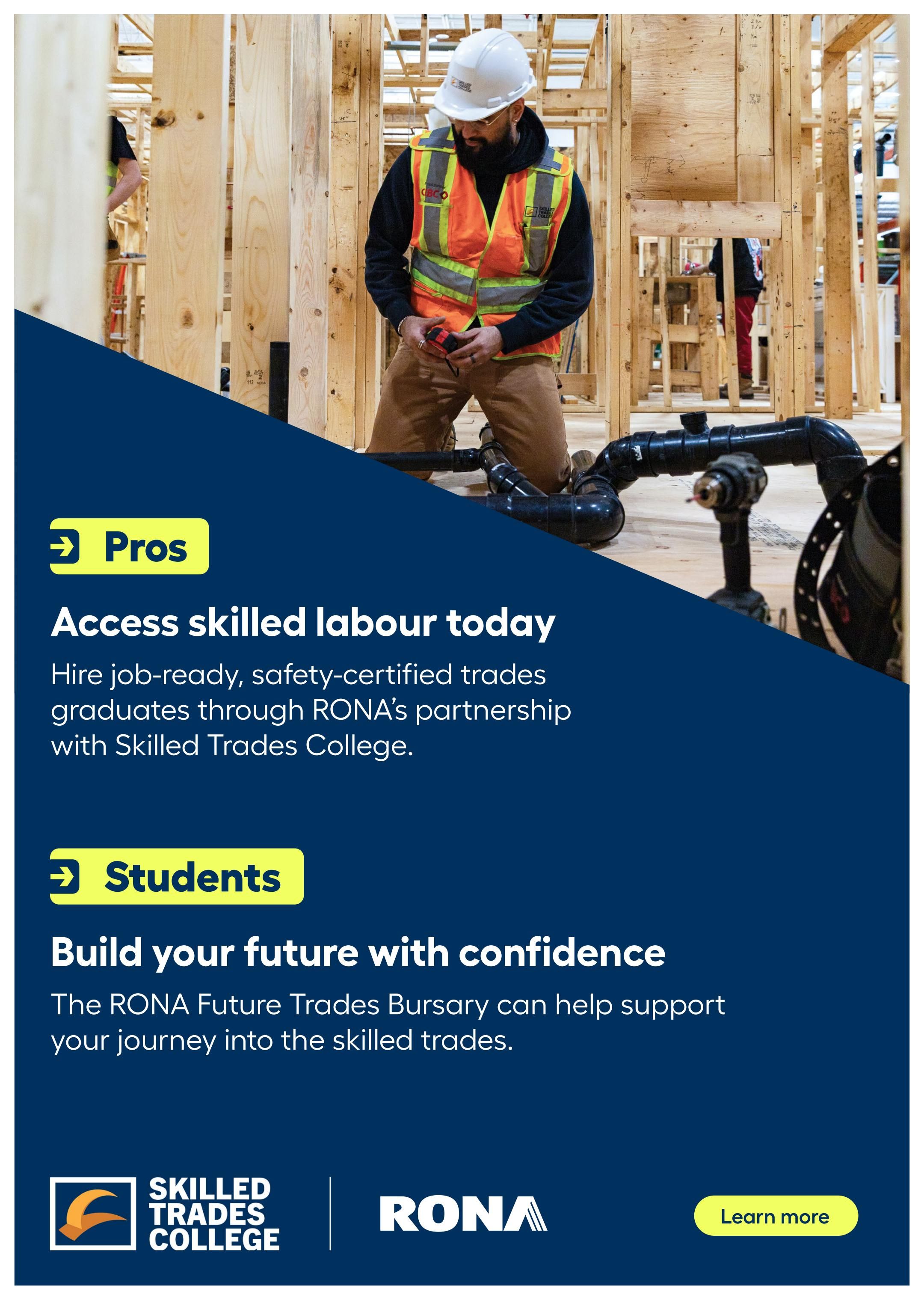 Page 32 of the Rona Ontario flyer. This page highlights RONA's partnerships with Skilled Trades College. For employers, it offers access to skilled labour today by hiring job-ready, safety-certified trades graduates through RONA's partnership. For students, it promotes building a future with confidence, mentioning the RONA Future Trades Bursary to support their journey into skilled trades. The page features the logos of Skilled Trades College and RONA, with a 'Learn more' button.