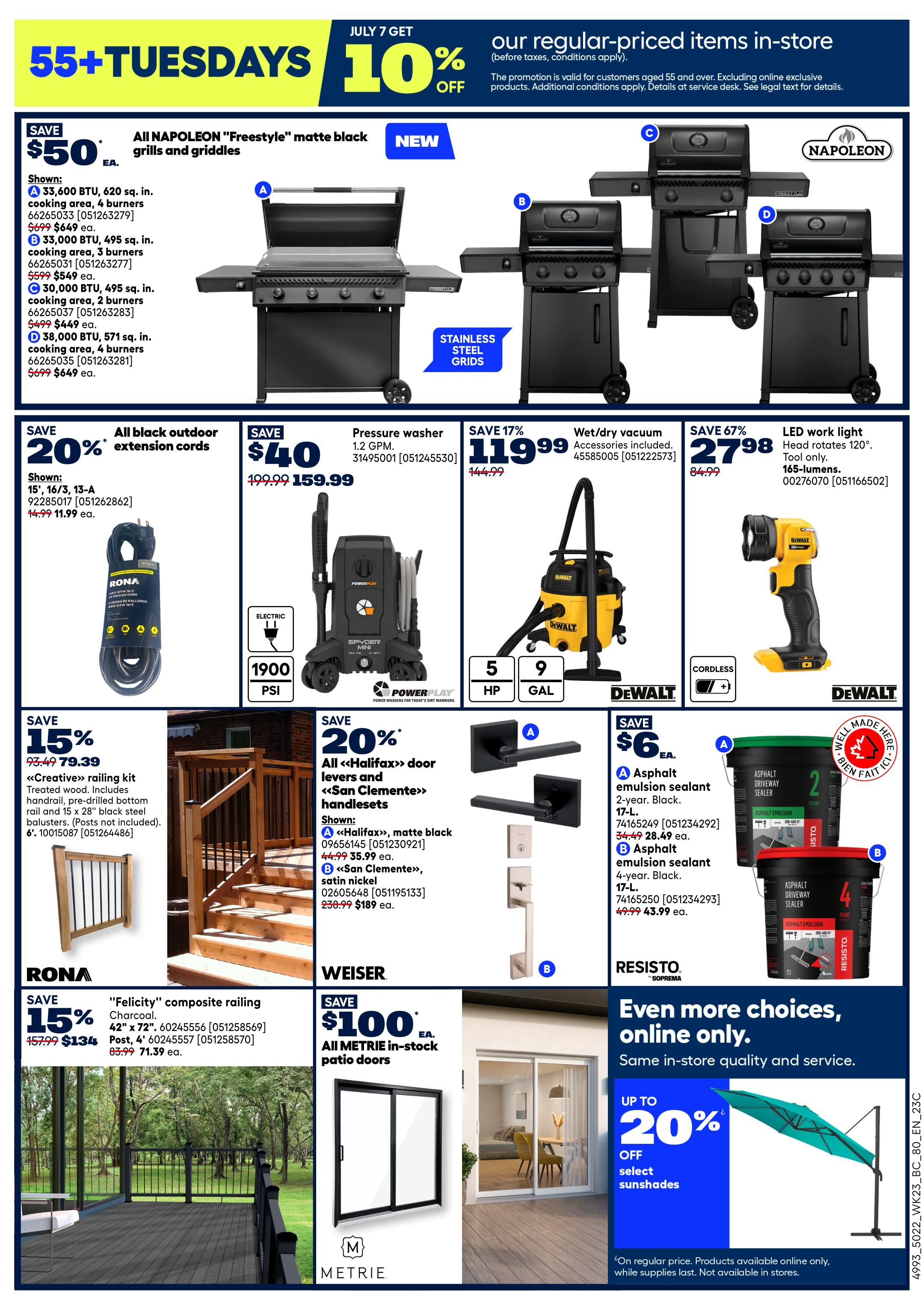 Rona flyer page 5 features a 10% discount on regular-priced items in-store for customers aged 55 and over. Featured products include All Napoleon 'Freestyle' matte black grills and griddles with savings of $50, available in various sizes and burner counts. Also on sale are all black outdoor extension cords at 20% off, a PowerPlay pressure washer for $159.99 (save $40), and a DeWalt wet/dry vacuum for $119.99 (save 17%). A DeWalt LED work light is available for $27.98 (save 67%). Hardware deals include Halifax door levers and San Clemente handsets, with savings of $6 on asphalt driveway sealant in 2-year and 4-year options. RONA offers 'Felicity' composite railing at 15% off, priced at $79.39 for the 42' x 72' charcoal post and $71.39 for the 4' post. Weiser presents All METRIE in-stock patio doors for $100. Additionally, enjoy up to 20% off select sunshades, available online only.