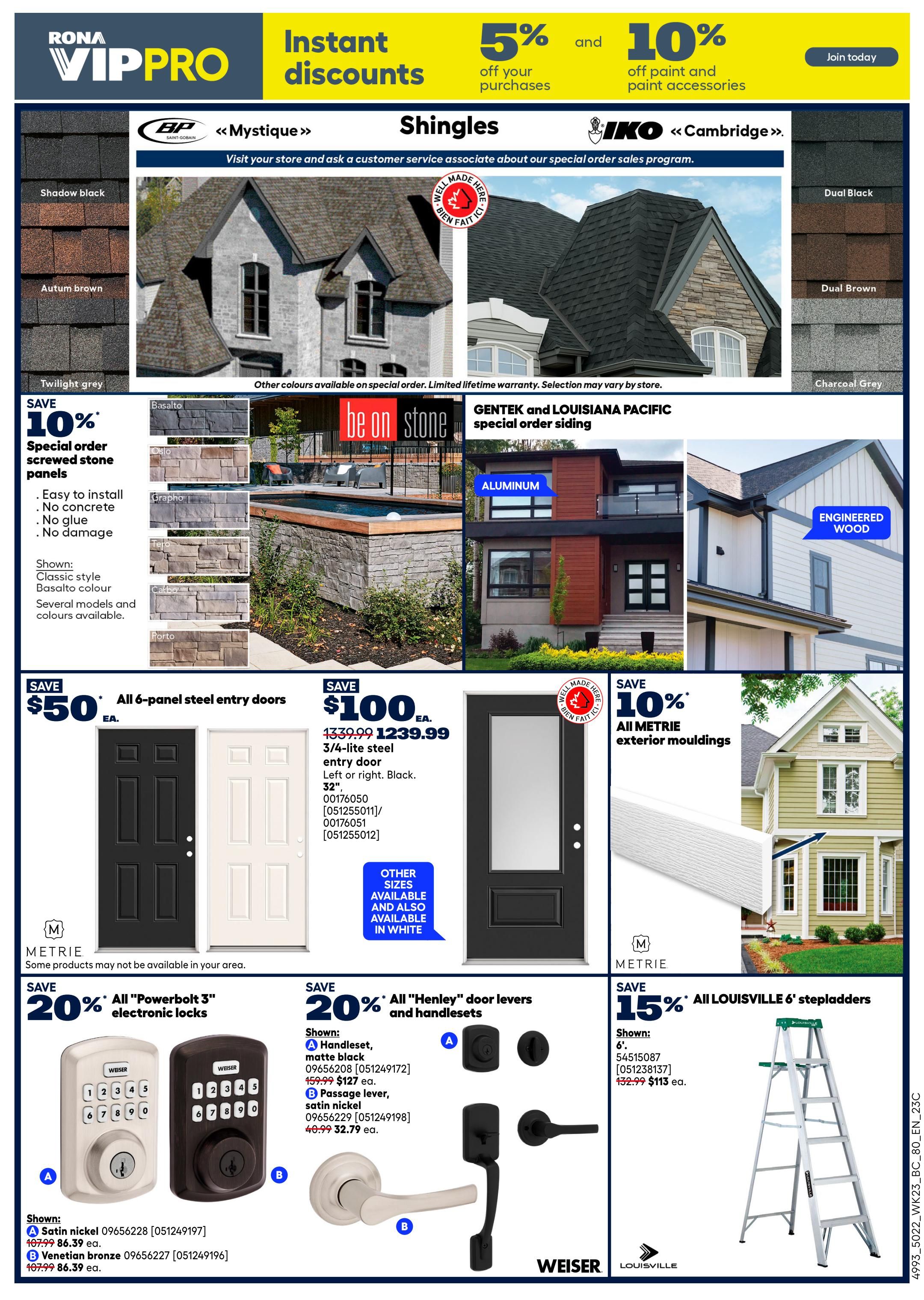 Rona VIPPRO flyer page 12 featuring instant discounts: 5% off your purchases and 10% off paint and paint accessories. Shingles from BP 'Mystique' and IKO 'Cambridge' are displayed with colours like Shadow Black, Autumn Brown, Twilight Grey, Dual Black, Dual Brown, and Charcoal Grey. Special order screwed stone panels are 10% off, available in classic style and Basalto colour. Gentek and Louisiana Pacific special order siding options include Aluminum and Engineered Wood. Save $50 on all 6-panel steel entry doors, priced at $129.99 each. Also, save 10% on all Metrie exterior mouldings. Save 20% on all 'Powerbolt 3' electronic locks, shown in satin nickel and Venetian bronze, priced at $86.39 each. Save 20% on all 'Henley' door levers and handlesets, with a passage lever in satin nickel for $32.79 each. Save 15% on all Louisville 6' stepladders, priced at $113 each.