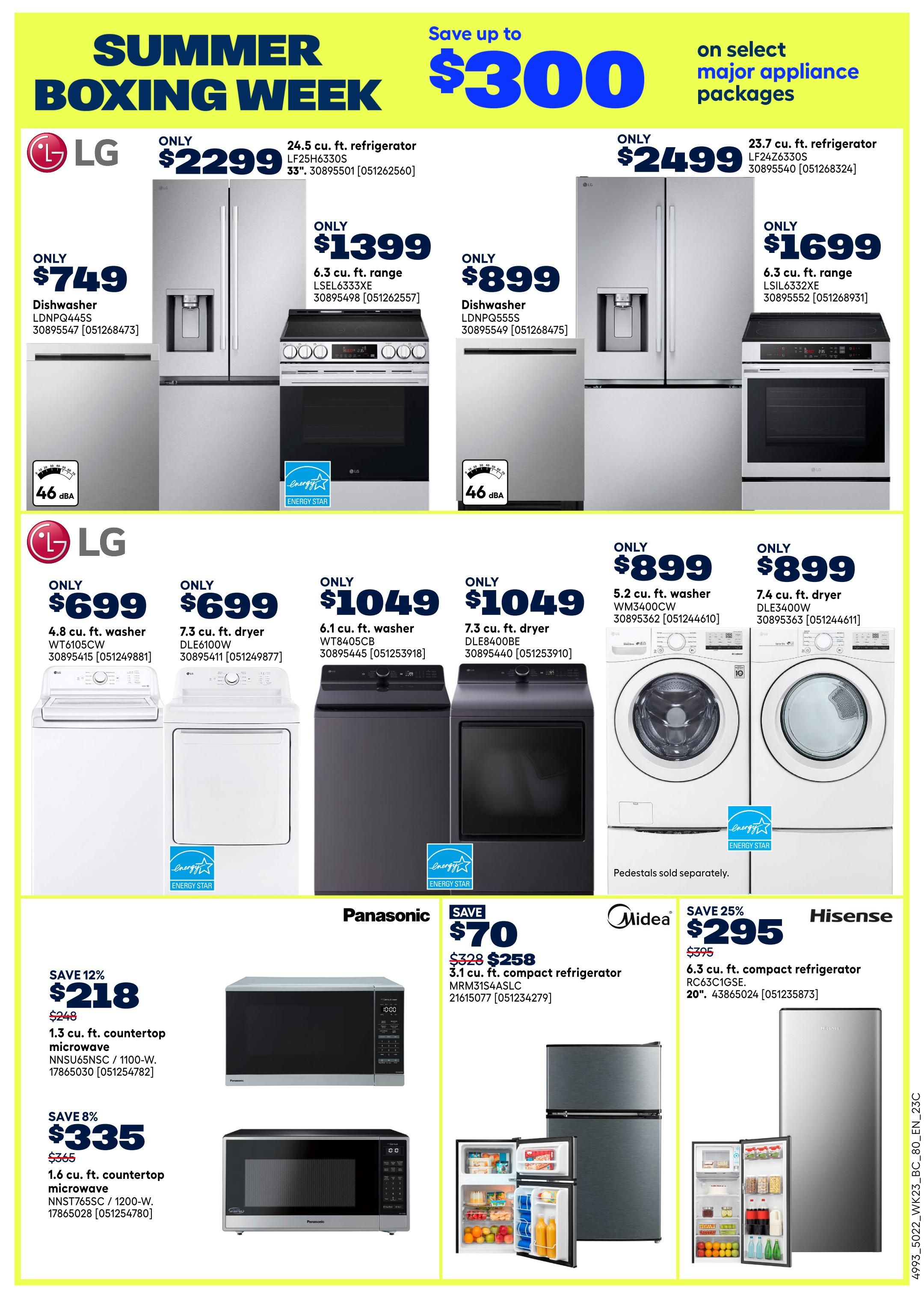 Rona flyer page featuring Summer Boxing Week specials on major appliances. Save up to $300 on select packages. Featured LG appliances include a 24.5 cu. ft. refrigerator for $2299, a 6.3 cu. ft. range for $1399, a 23.7 cu. ft. refrigerator for $2499, and a 6.3 cu. ft. range for $1699. Also available are LG dishwashers for $749 and $899, and LG washers and dryers starting at $699 and $1049 respectively. Panasonic offers a 3.1 cu. ft. compact refrigerator for $258, saving $70. Hisense has a 6.3 cu. ft. compact refrigerator for $295, saving 25%. Additionally, two countertop microwaves are on sale: a 1.3 cu. ft. model for $218 (save 12%) and a 1.6 cu. ft. model for $335 (save 8%).